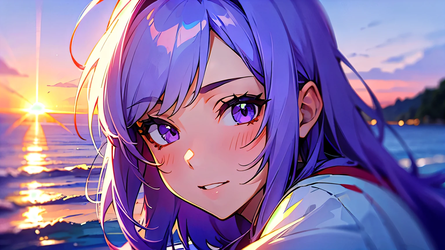 beach,seaside,Sunset,purple hair,purple eyes,8k resolution