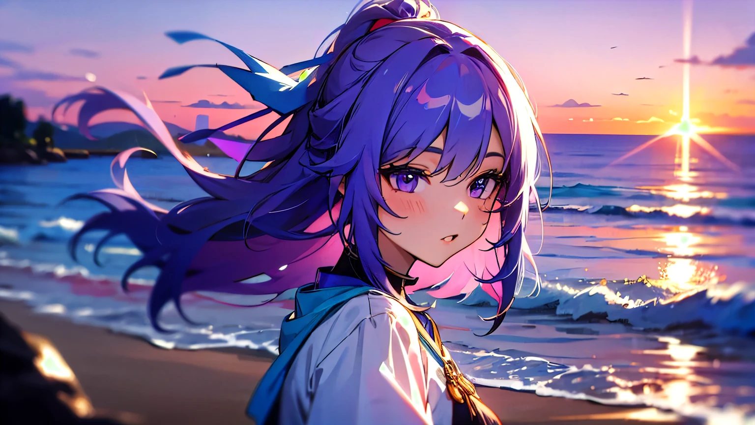 beach，seaside，Sunset，purple hair，purple eyes，8k resolution