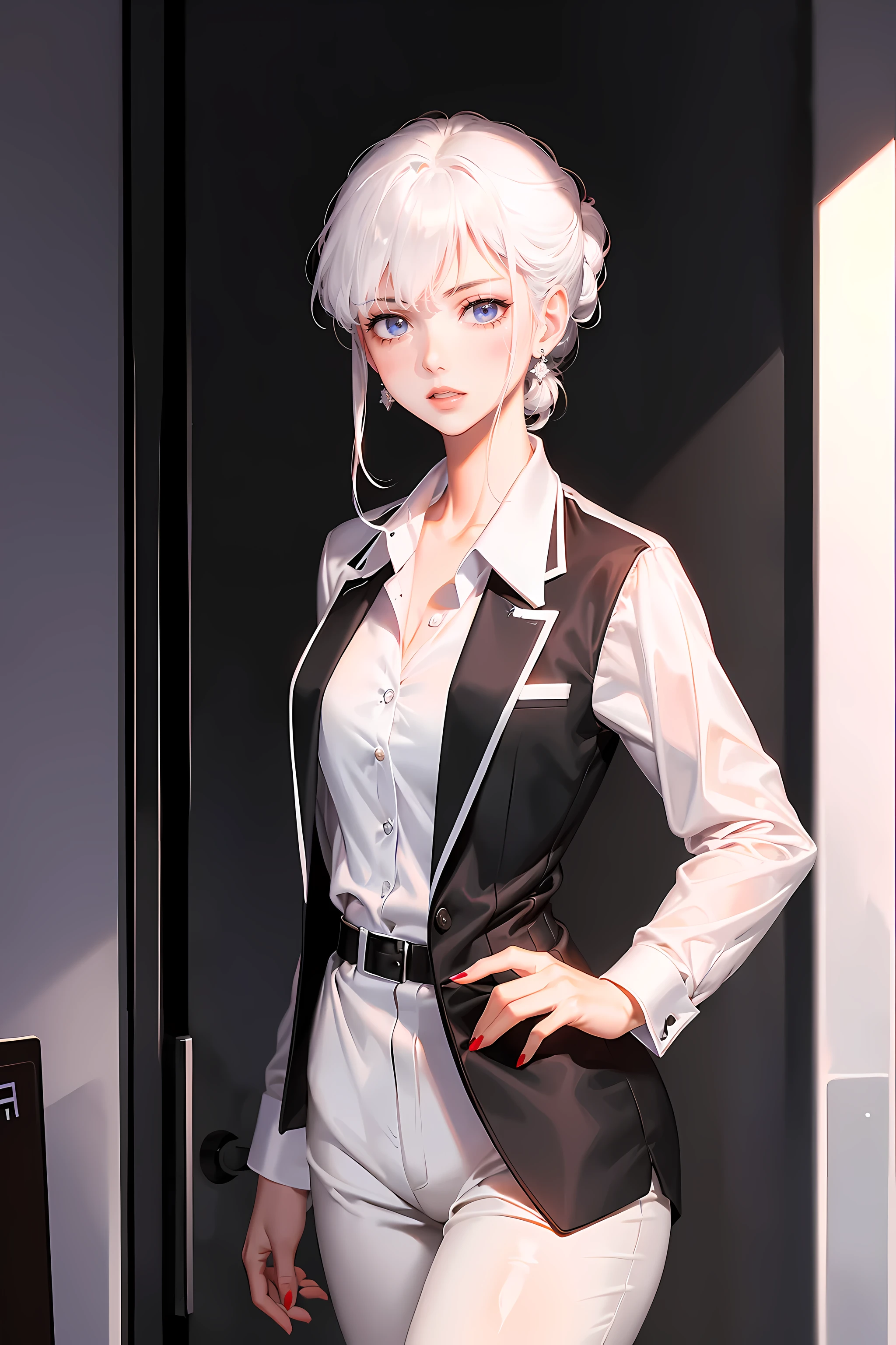 (best quality,highres)(business jacket:1.4),(a girl:1.5),elegant photo of a girl in a suit jacket, red lips, lipstick, (perfect eyes:1.4), (white shirt:1.5), silver hair, purple eyes, slight smile, joyful, highly detailed skin, stunning face, long eyelashes, black eyeliner, masterpiece, black belt:1.2, white shirt, teardrop earrings, business attire:1.2), full body