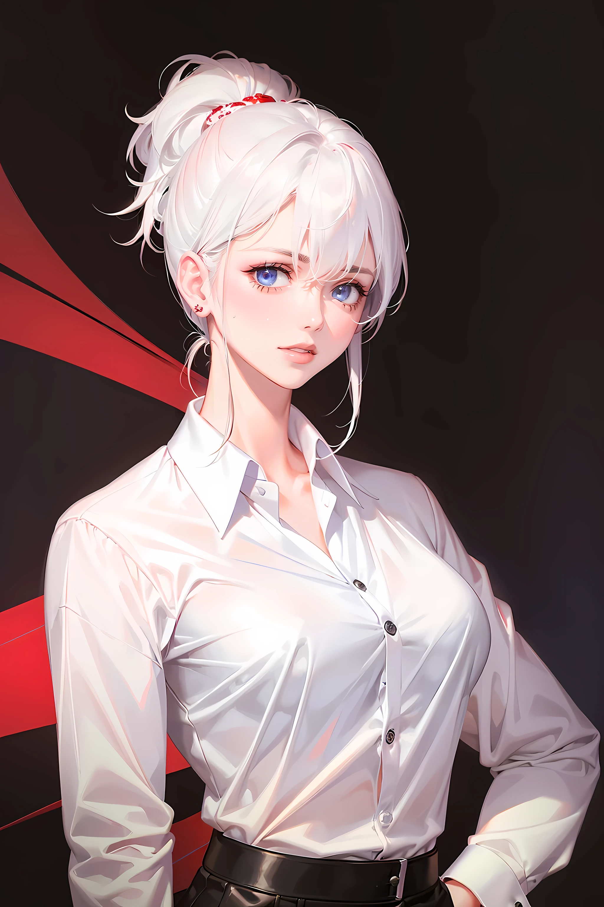 (best quality,highres)(business jacket:1.4),(a girl:1.5),elegant photo of a girl in a suit jacket, red lips, lipstick, (perfect eyes:1.4), (white shirt:1.5), silver hair, purple eyes, slight smile, joyful, highly detailed skin, stunning face, long eyelashes, black eyeliner, masterpiece, black belt:1.2, white shirt, teardrop earrings, business attire:1.2), full body