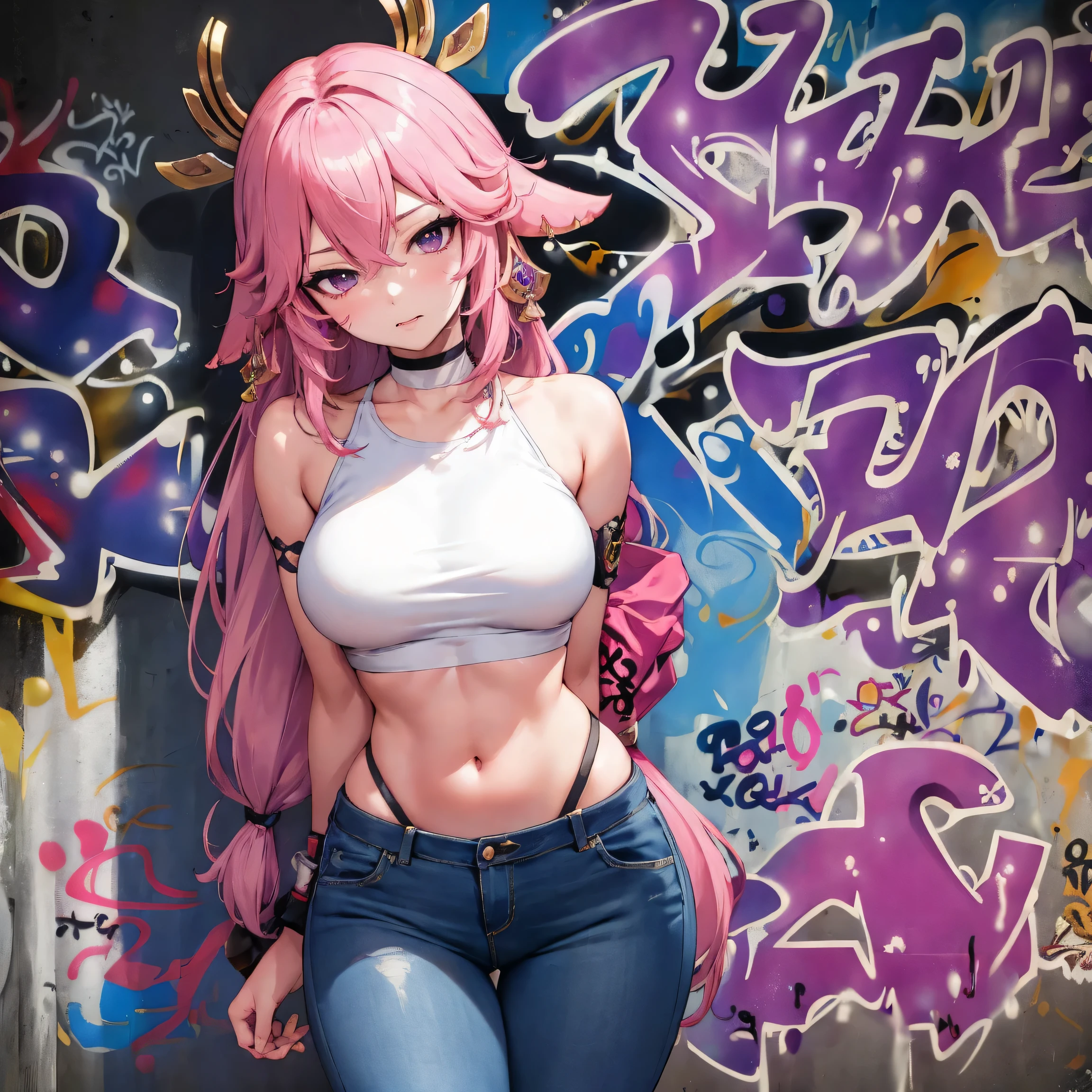 Yae Miko genshin impact, master-piece, bestquality, 1girls,25 years old, proportional body, elongated legs, Beautiful, proportional., crop top, Long Jeans, mediuml breasts, ,bara, crop top, choker, (Graffiti:1.5), Splash with purple lightning pattern., arm behind back, against wall, View viewers from the front., Thigh strap, Head tilt, bored,