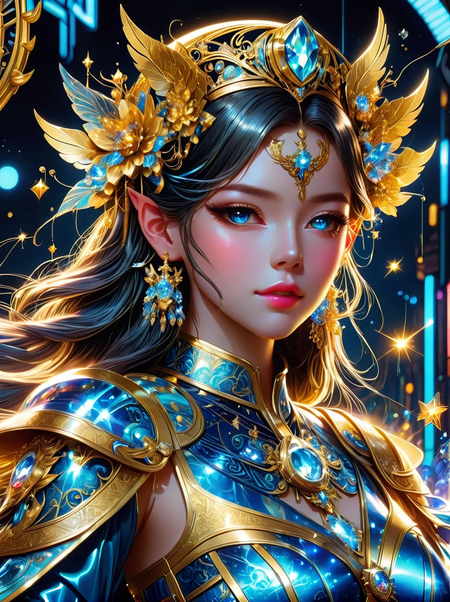 ((Wizard of Oz Characters，Beautiful young girl wearing detailed headdress，Detailed detailed face exquisite，The characters are meticulous，Outdoor detail，anatomically correct，Wearing blue future technology titanium alloy dress armor：1.5))，((battle angel, White lolita armor))，(Extra long blue twin ponytails:1.6），Exquisite facial features，perfect finger features，golden section of body，Realistic，Neon lights，(Liquid light background)，(cowboy shot:1.9)，(UHD, masterpiece, ccurate, anatomically correct, textured skin, super detail, high details, award winning, best quality, 8k)