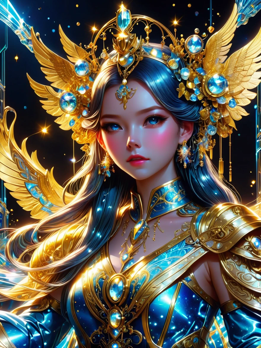 ((Wizard of Oz Characters，Beautiful young girl wearing detailed headdress，Detailed detailed face exquisite，The characters are meticulous，Outdoor detail，anatomically correct，Wearing blue future technology titanium alloy dress armor：1.5))，((battle angel, White lolita armor))，(Extra long blue twin ponytails:1.6），Exquisite facial features，perfect finger features，golden section of body，Realistic，Neon lights，(Liquid light background)，(cowboy shot:1.9)，(UHD, masterpiece, ccurate, anatomically correct, textured skin, super detail, high details, award winning, best quality, 8k)
