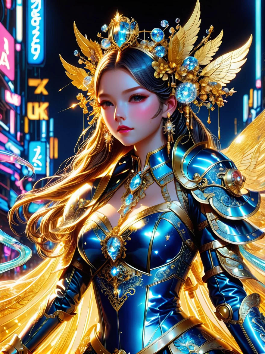 ((Wizard of Oz Characters，Beautiful young girl wearing detailed headdress，Detailed detailed face exquisite，The characters are meticulous，Outdoor detail，anatomically correct，Wearing blue future technology titanium alloy dress armor：1.5))，((battle angel, White lolita armor))，(Extra long blue twin ponytails:1.6），Exquisite facial features，perfect finger features，golden section of body，Realistic，Neon lights，(Liquid light background)，(cowboy shot:1.9)，(UHD, masterpiece, ccurate, anatomically correct, textured skin, super detail, high details, award winning, best quality, 8k)