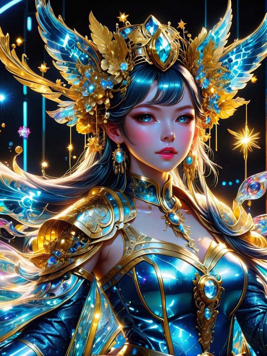 ((Wizard of Oz Characters，Beautiful young girl wearing detailed headdress，Detailed detailed face exquisite，The characters are meticulous，Outdoor detail，anatomically correct，Wearing blue future technology titanium alloy dress armor：1.5))，((battle angel, White lolita armor))，(Extra long blue twin ponytails:1.6），Exquisite facial features，perfect finger features，golden section of body，Realistic，Neon lights，(Liquid light background)，(cowboy shot:1.9)，(UHD, masterpiece, ccurate, anatomically correct, textured skin, super detail, high details, award winning, best quality, 8k)