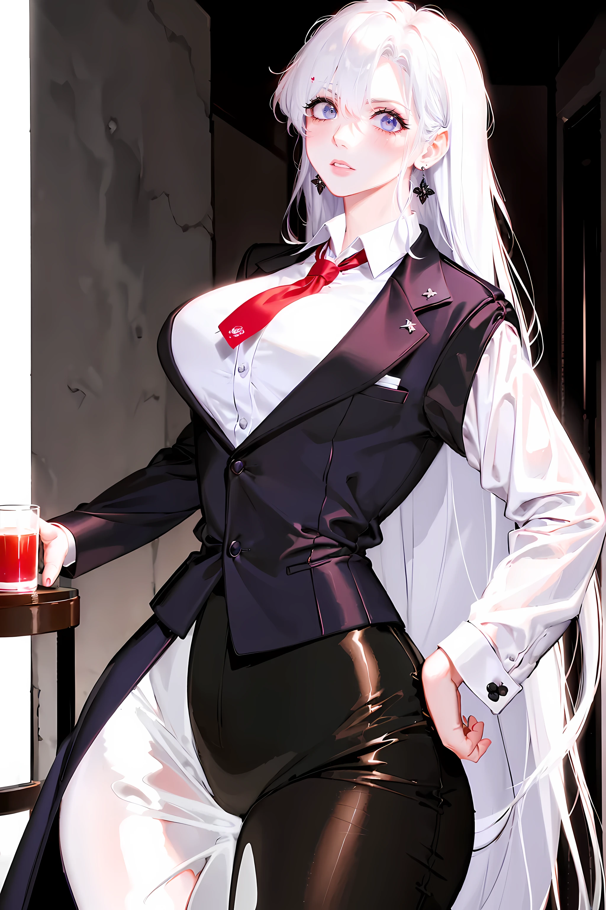 (best quality,highres)(business jacket:1.4),(a girl:1.5),elegant photo of a girl in a suit jacket, red lips, lipstick, (perfect eyes:1.4), (white shirt:1.5), silver hair, purple eyes, slight smile, joyful, highly detailed skin, stunning face, long eyelashes, black eyeliner, masterpiece, black belt:1.2, white shirt, teardrop earrings, business attire:1.2), full body