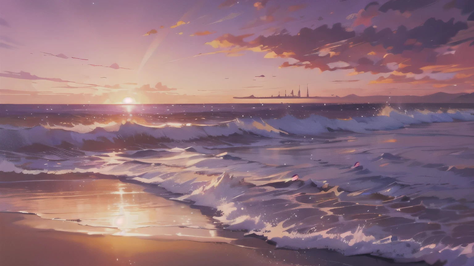 beach,seaside,Sunset,purple hair,purple eyes,8k resolution
