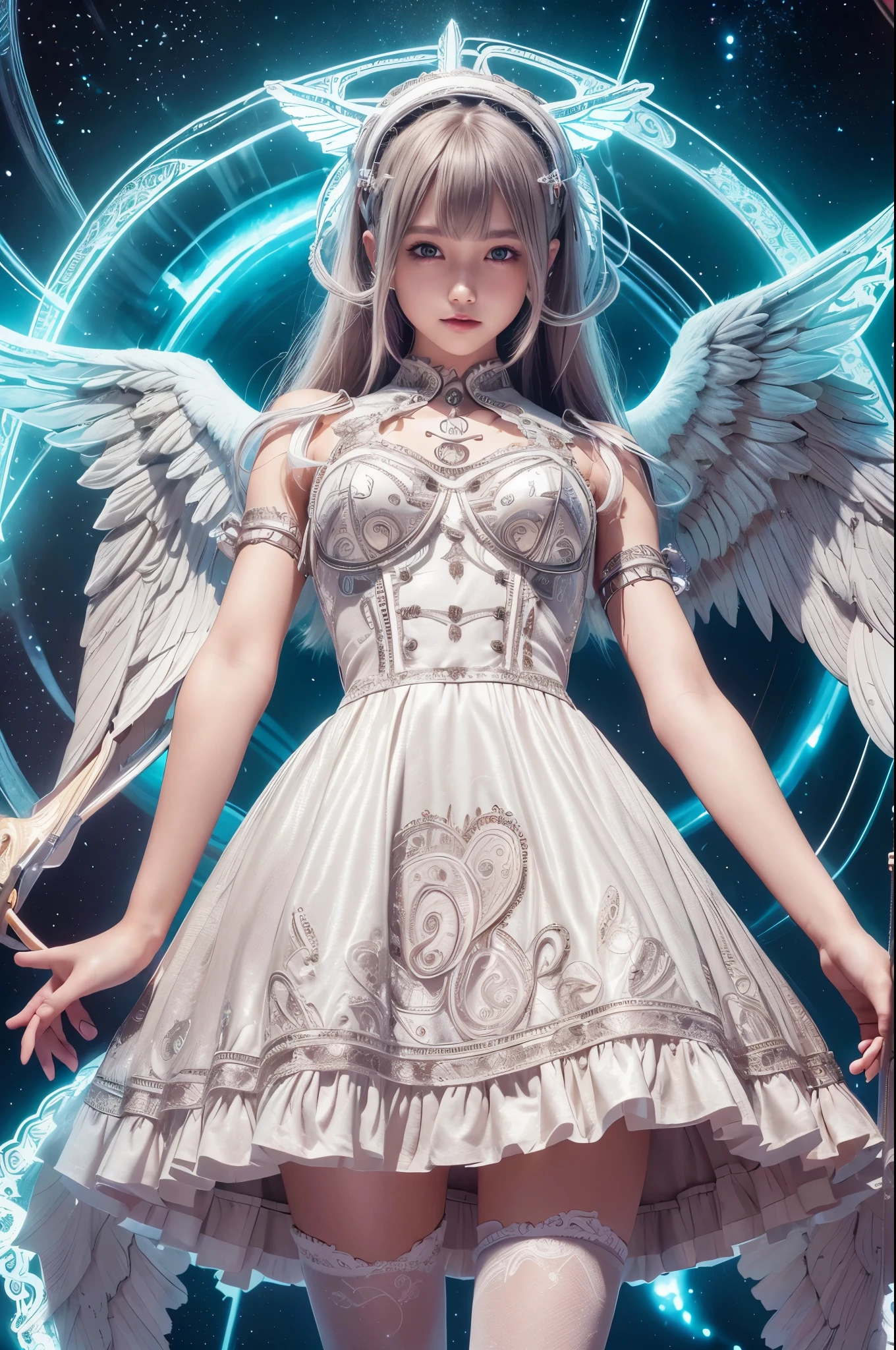 Cyborg, Girl, Beautiful girl, Cute, Sexy, Strong, Slender, Delicate, Smile, (Lolita costume), High legs, Metallic, ultra color, paisley, Headgear, mandalas, Near future, Heaven, angel, feater, wing, Helix lamp