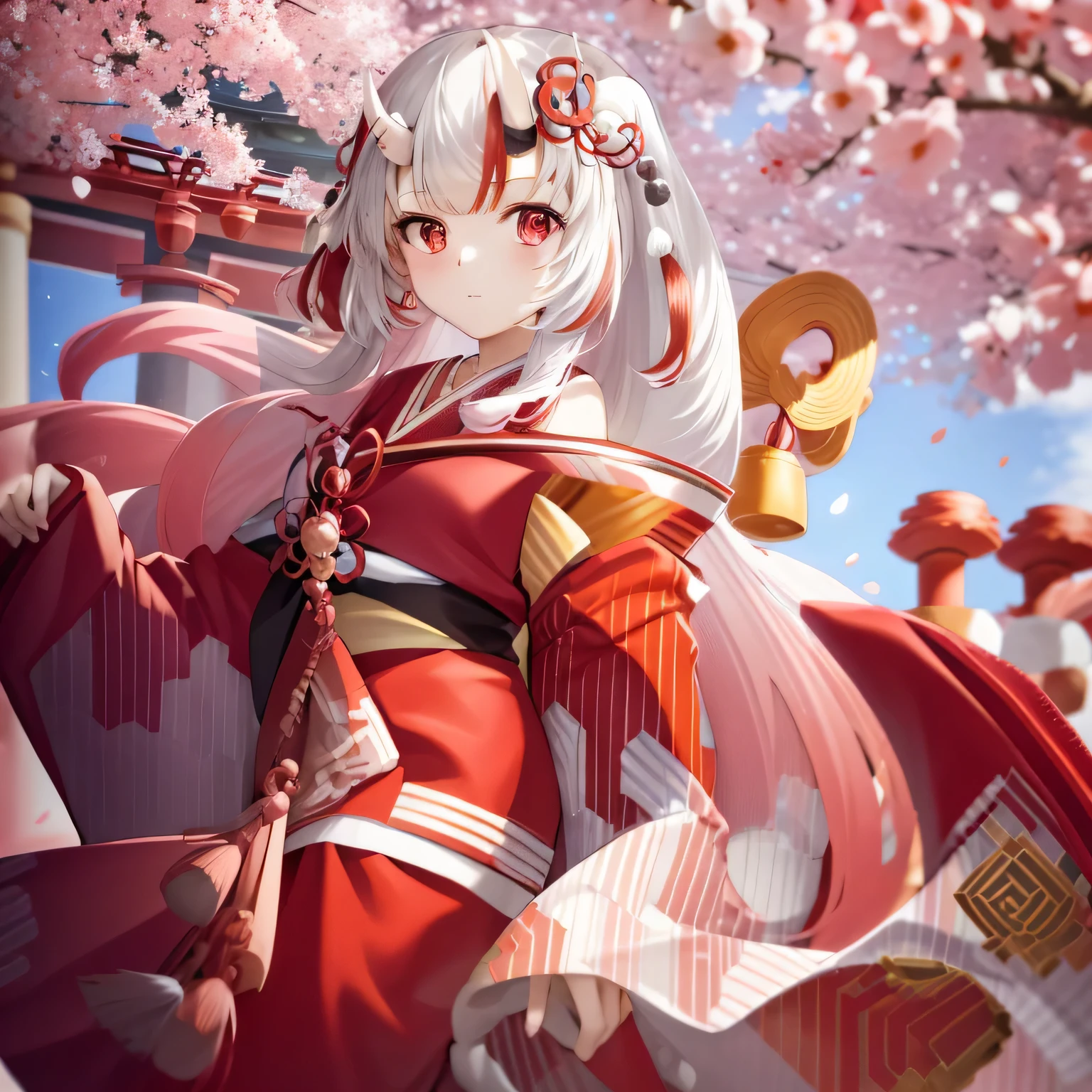 Red and white kimono, Cherry blossoms, falling petals, temple shrine background, Day time setting, alone, 1 girl, Individual individuals, looking at the audience, white hair, pink eyes, them trumpet, them_trumpet, Japanese cartoons_them_trumpet, Oiran
