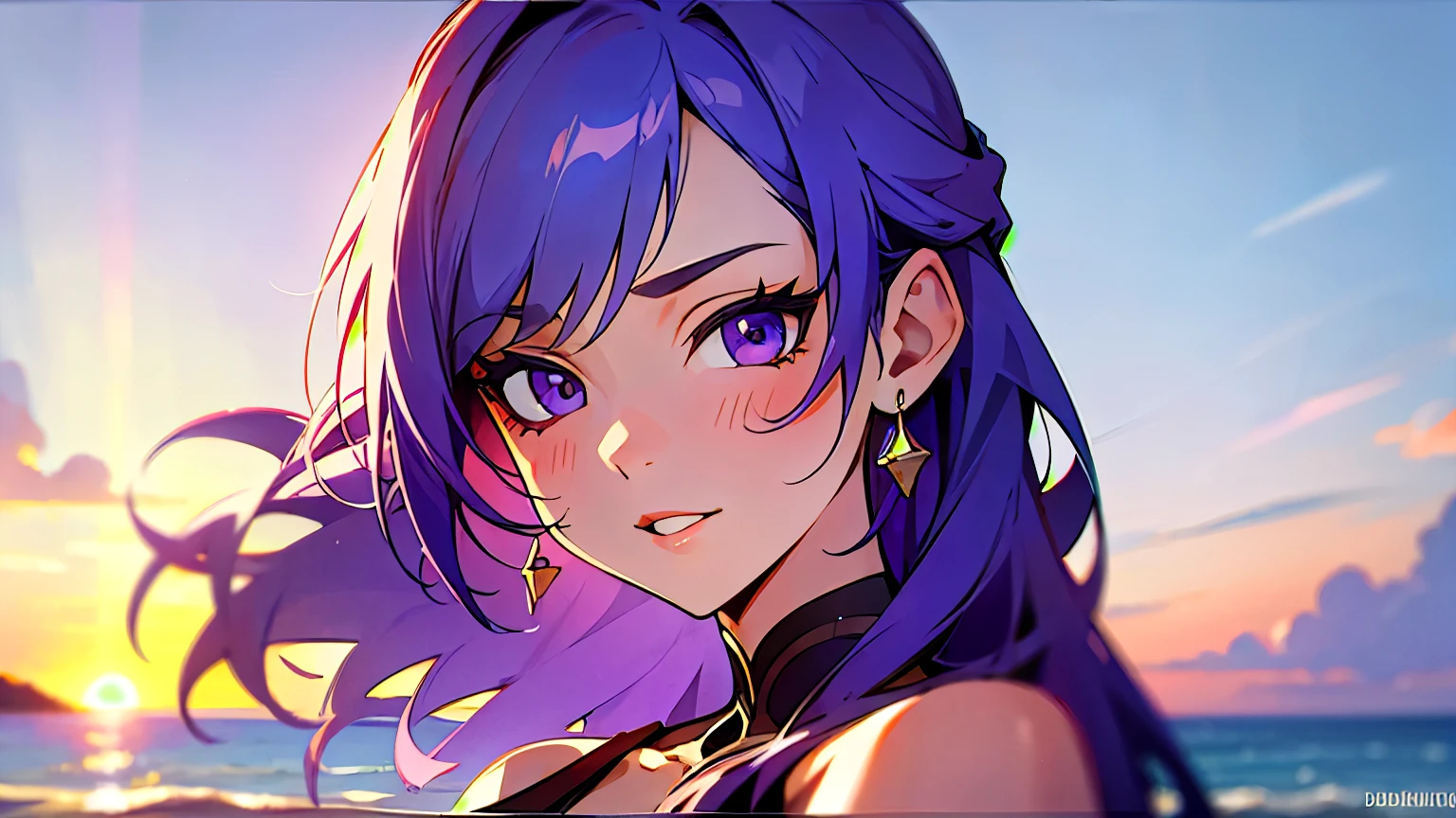 beach，seaside，Sunset，purple hair，purple eyes，8k resolution