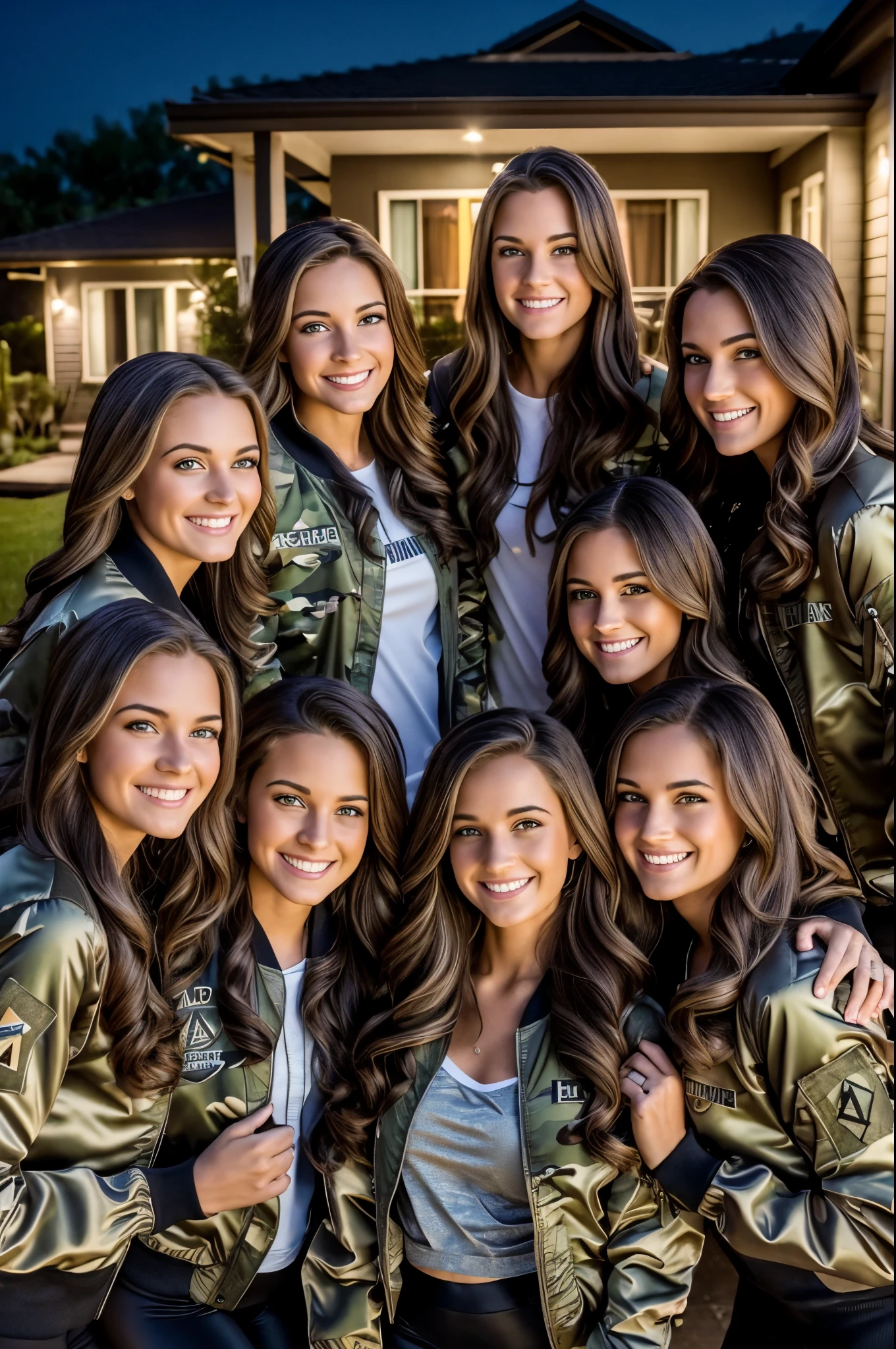 camera inside house looking out at front yard, street in background, well lit Picture of front yard at evening, standing on sidewalk are a group of beautiful , happy, young women, silly pose, full body, beautiful eyes, pretty faces, detailed eyes, perfect eyes, long hair, various hair colors, (wearing (army camo satin bomber jackets), back satin leggings, front yard in background, smiling, perfect hands, looking into camera, night time lighting