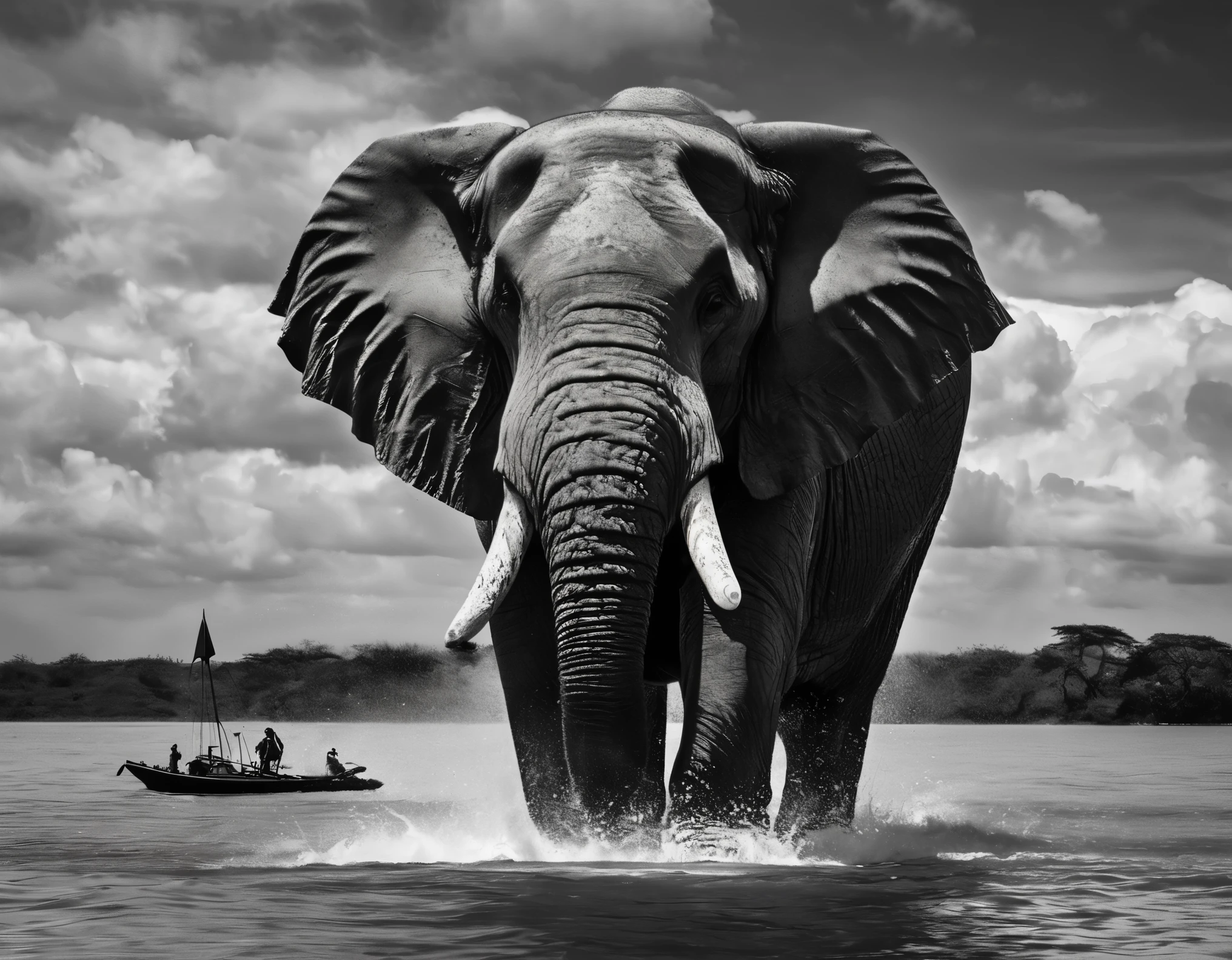 A striking photograph capturing the immense scale of a giant elephant wading through a river, towering over the tiny sailboat that passes by. The elephant's majestic presence creates a stark contrast with the minuscule vessel, emphasizing the overwhelming size difference. The sailboat serves as a poignant reference point, highlighting the awe-inspiring magnitude of the elephant and evoking a sense of fear and insignificance in the face of such colossal power. The composition, with its juxtaposition of the massive creature and the diminutive boat, conveys a powerful message about the primal fear of encountering giant beings. This photograph, taken by acclaimed wildlife photographer Tim Laman, captures the tension between the natural world's grandeur and human vulnerability