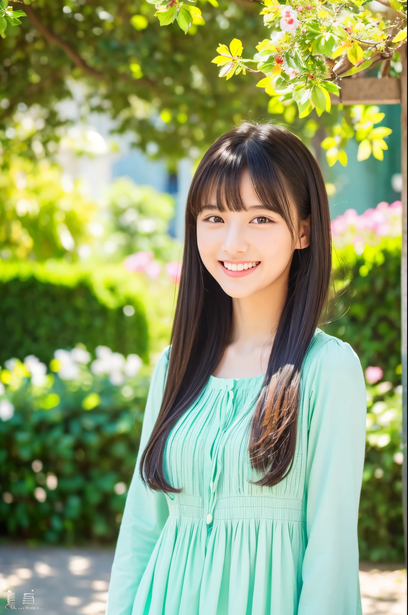 (best quality,8k,ultra-detailed,masterpiece:1.2),cute girl,1girl,blouse,fringe,smiling,white teeth,symmetrical eyes,in front of the university gate,soft sunlight,green trees,flowering bushes,stone pathway,clean and tidy surroundings,vibrant colors,peaceful atmosphere,classic architecture,clear blue sky