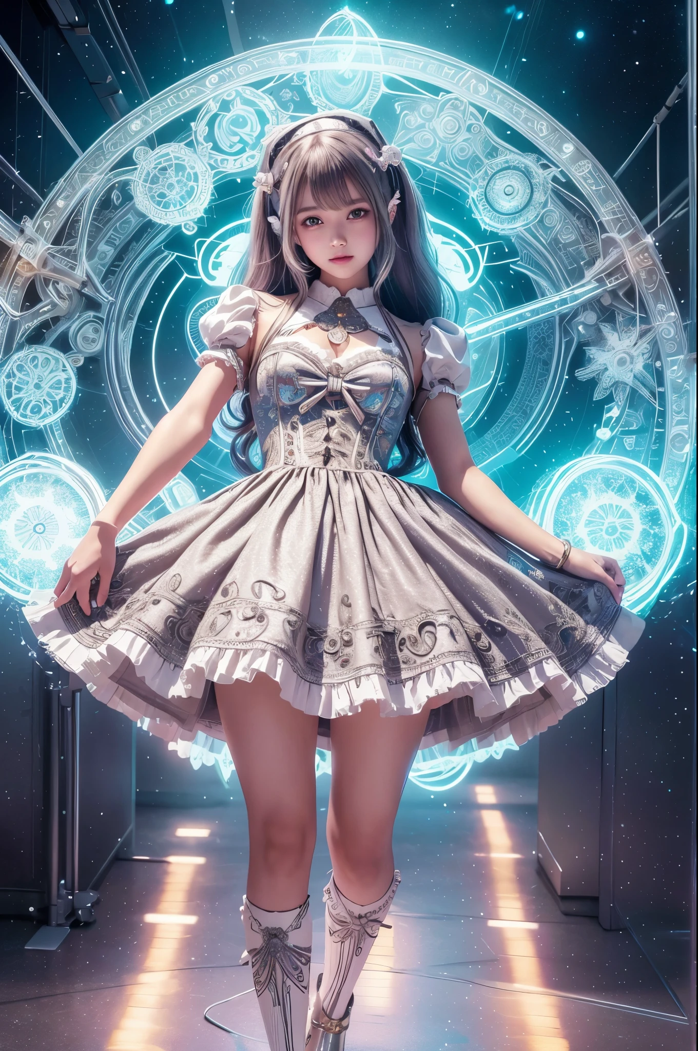 Cyborg, Girl, Beautiful girl, Cute, Sexy, Strong, Slender, Delicate, Smile, (ta costume), High legs, Metallic, ultra color, paisley, Headgear, mandalas, Near future, Heaven, angel, feater, wing, Helix lamp