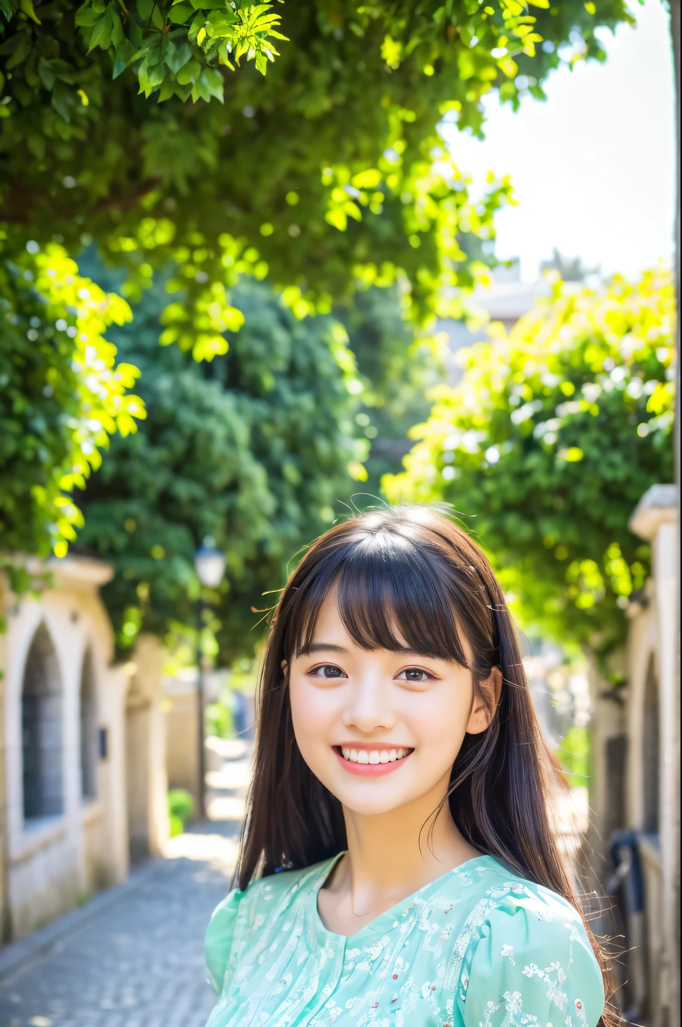 (best quality,8k,ultra-detailed,masterpiece:1.2),cute girl,1girl,blouse,fringe,smiling,white teeth,symmetrical eyes,in front of the university gate,soft sunlight,green trees,flowering bushes,stone pathway,clean and tidy surroundings,vibrant colors,peaceful atmosphere,classic architecture,clear blue sky