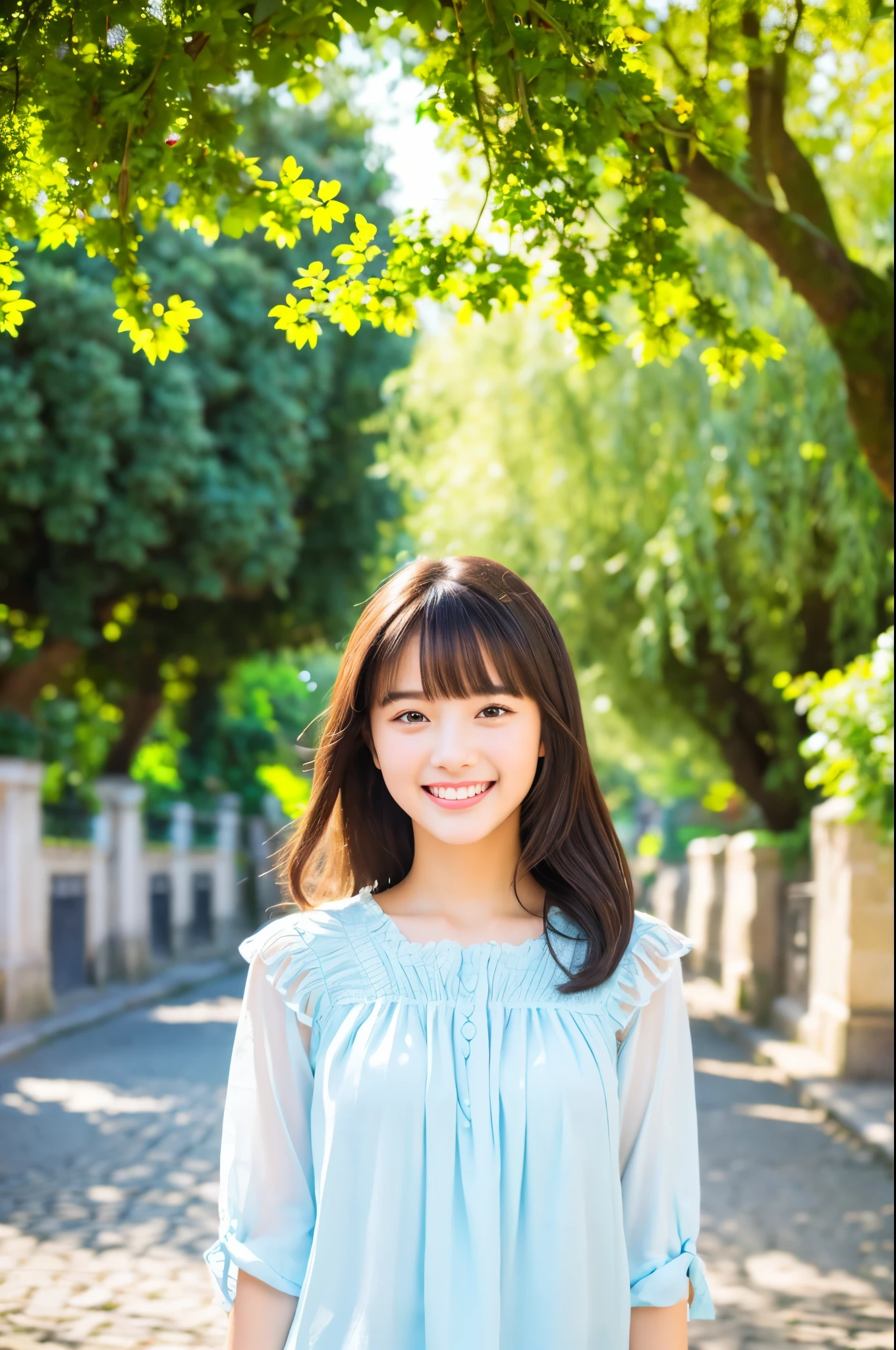 (best quality,8k,ultra-detailed,masterpiece:1.2),cute girl,1girl,blouse,fringe,smiling,white teeth,symmetrical eyes,in front of the university gate,soft sunlight,green trees,flowering bushes,stone pathway,clean and tidy surroundings,vibrant colors,peaceful atmosphere,classic architecture,clear blue sky