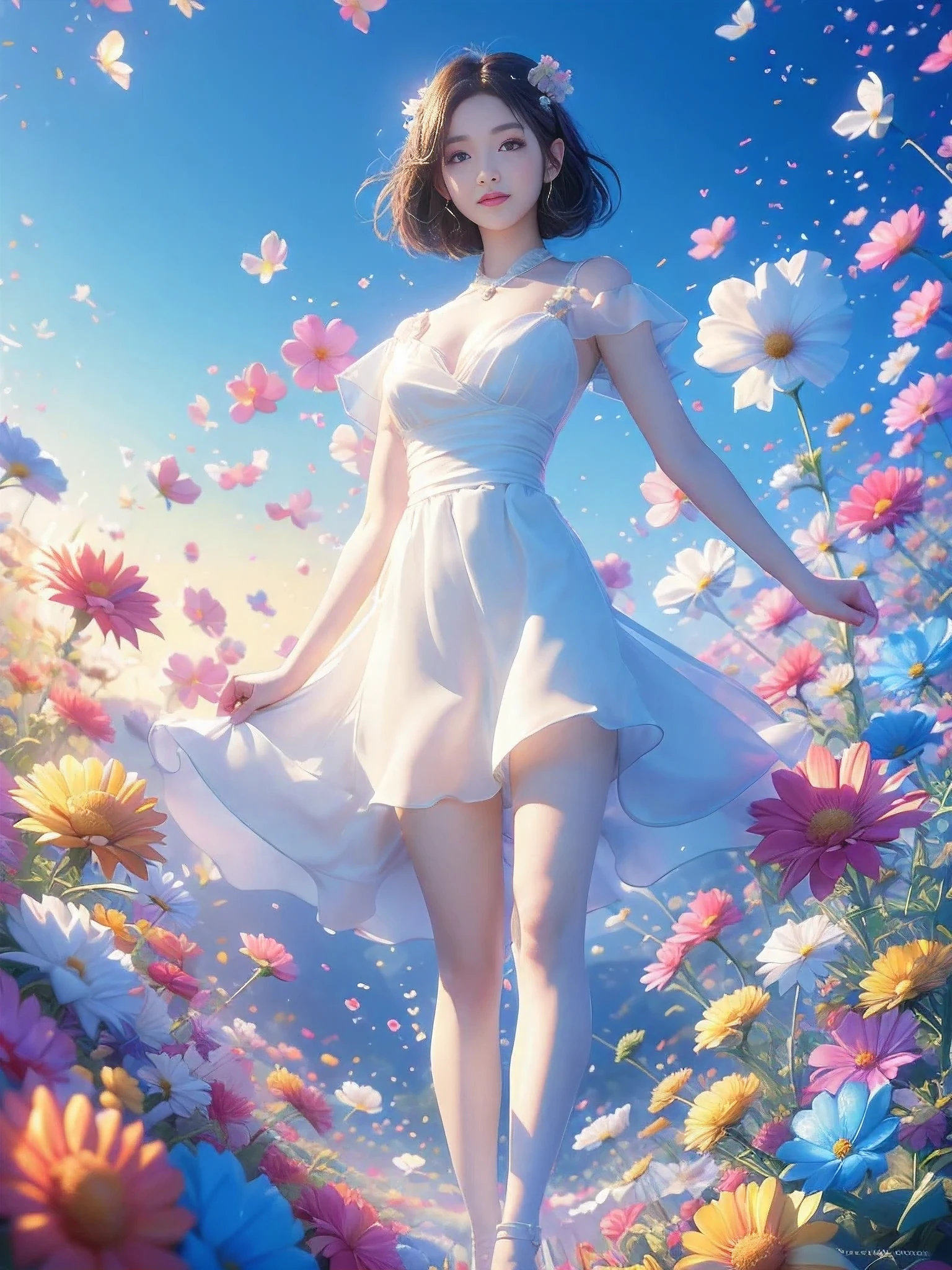 Movie照片独奏,1 girl,,lace_skirt,two colors_pantyhose,big breasts,(colored hair:0.1),Beautiful girl standing on flowers,Facial details perfect,And the details of the characters are also exquisite,fashion portrait,bright colors,clean background,panoramic,Large aperture,Bubble Mart production,delicate luster,8K gradient translucent glass melt,frosted glass,masterpiece, best quality,, Super real,lifelike,16k,high detail,high resolution ，Movie, Bokeh, professional, 4k, Very detailed