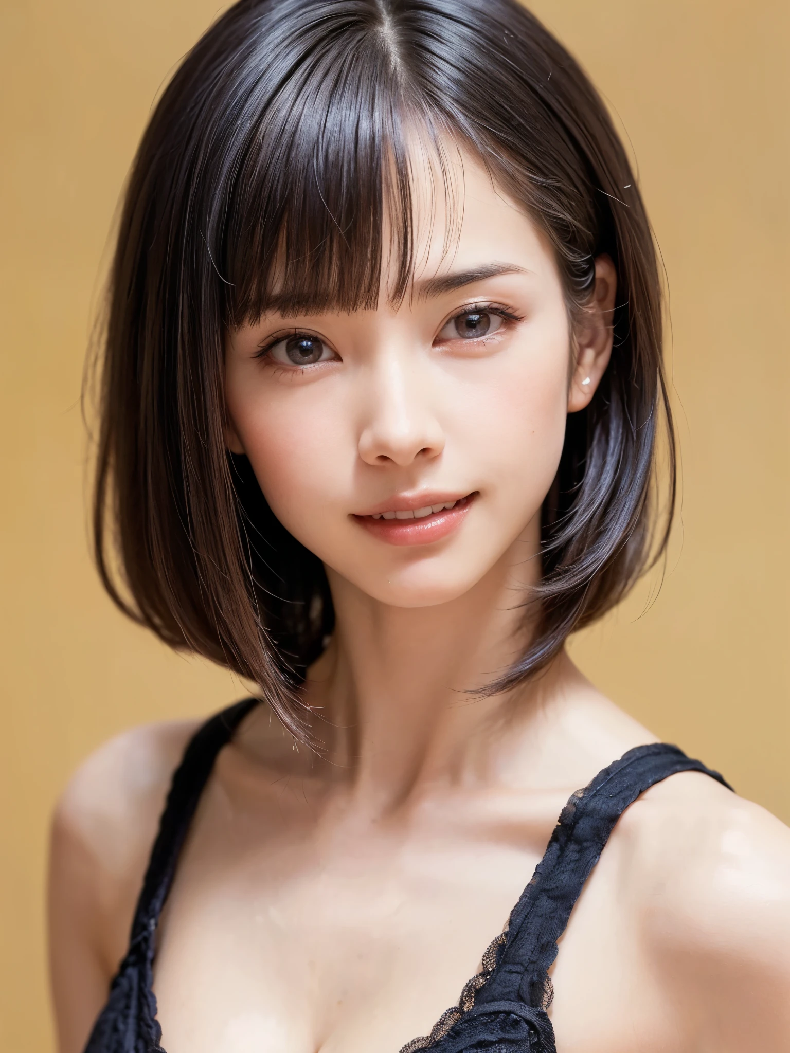 (table top, highest quality、ultra high resolution、face focus focus、focus on the sides、navel focus、decolletage focus、very attractive beauty、Adds intense highlights to the eyes、look closely at the camera:1.4、Absolutely beautiful bangs:1.4、Brunette short bob hair with bangs:1.4),1 girl, Report, black haired, realistic, looking at the viewer, pale black eyes, short hair, lips, lip gloss, Upper body、Big eyes、eyelash)、((italian natural background、hyper real stick:1.4))、((short hair with bangs:1.4、Beautiful bangs with 46 points:1.4、{Huge|big|Hugeな|mega} chest:2, cleavage:2、Big eyes、Give students very powerful highlights、very bigger chest、look at the audience、very beautiful beauty、show me your ears、beautiful long neck、beautiful decollete、smile、A smilee beautiful teeth、Open your mouth and smilee))、28 years old、very cute super model、perfect anatomy