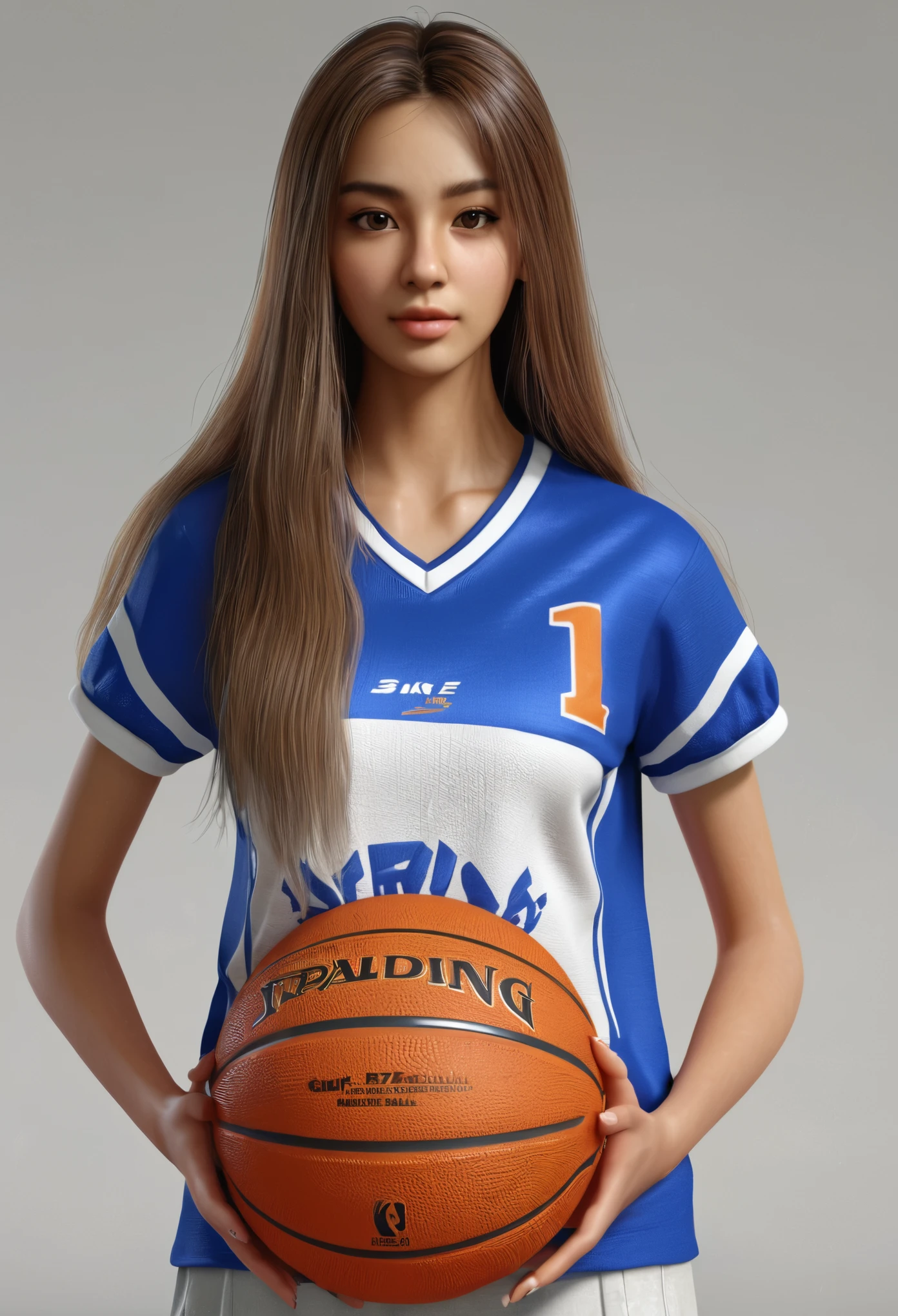 1 girl standing, wearing basket ball shirt, very detail, realistic, holding ball, 27 years old, long hair