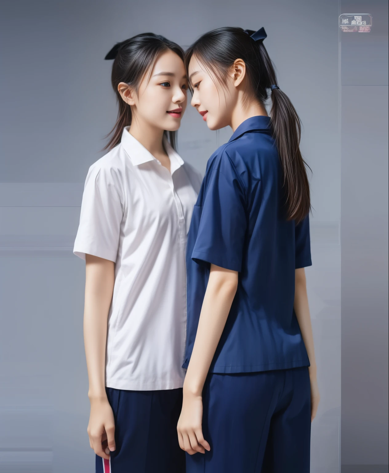 (best quality,10,10,height,Masterpiece:1.2),Special details,(realistic,ภาพrealistic,Realistic photos:1.37),1 Cute girl in the kitchen,shiny, ผิวshiny,only,smile softly,BDclothelue shirt:1.3)),short sleeve,shirt, กางเกงขาlong.,(navy_long_track pants:1.1), ((Kitchen Background)),Dynamic angle,excited,Face focus,dynamic poses,from behind,focus on ass,Masterpiece, best quality, ultra realistic, hyper-detail, 8K resolution, raw photos, Sharp focus, ((Navy blue shirt:1.1)), short sleeve, เส้นทางlong, perfect body, 2 mature women, 18 years old, Cinema-grade lighting system,blue sweatpants,shirtผ้าออกกำลังกาย,correct anatomy,perfect body, correct body, Sharp face, correct bodyทางกายวิภาค, full body, realistic gestures, long-haired, realistic poses,Wear long shorts...........................,ช่วงขาlong,Good shape,carved girl, Slender figure, model, Good shape, beautiful body,blue sweatpants, two girls kissing