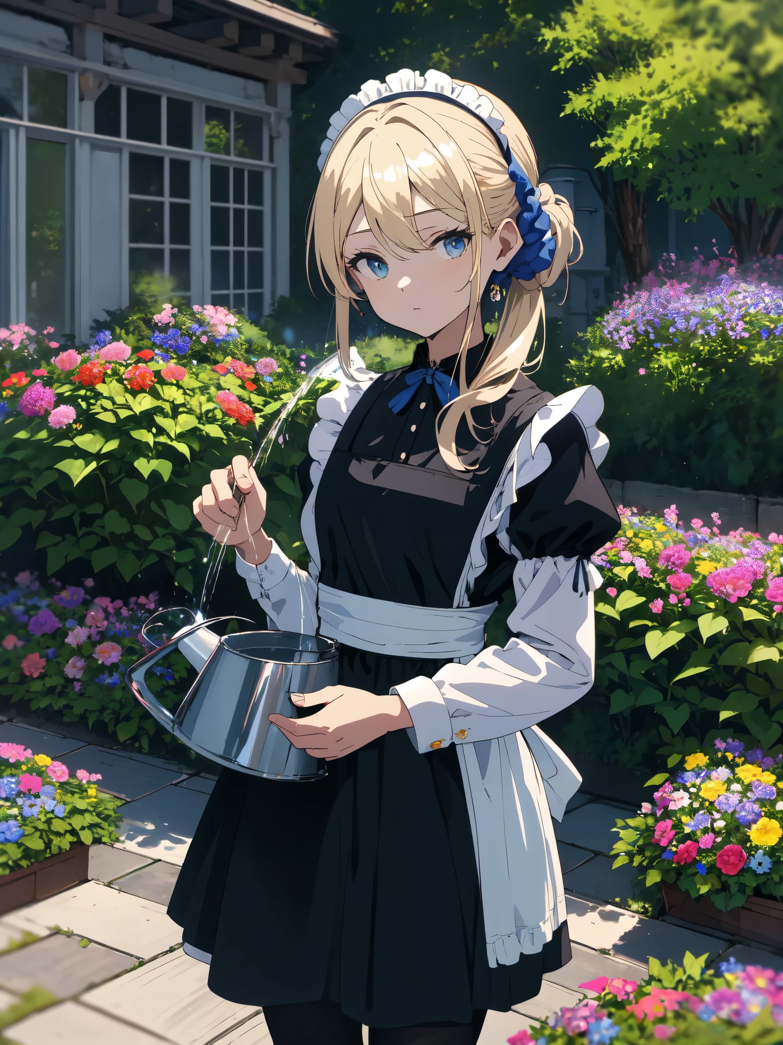 (masterpiece, highest quality, High resolution、be familiar with), (shining eyes)、1 girl,blonde hair, maid, blue eyes, side ponytail, hair scrunchie, hair ornaments, blue scrunchie, maid headdress, apron, (Mansion garden),(I am watering the flowers blooming in the flower bed.),(I use water from a watering can to water the flowers in the flower bed.),hair between eyes, chest, long sleeve, bangs, white shirt, black dress, side lock, maid apron, black pantyhose, cowboy shot,indoor、Western-style room、beautiful anime
