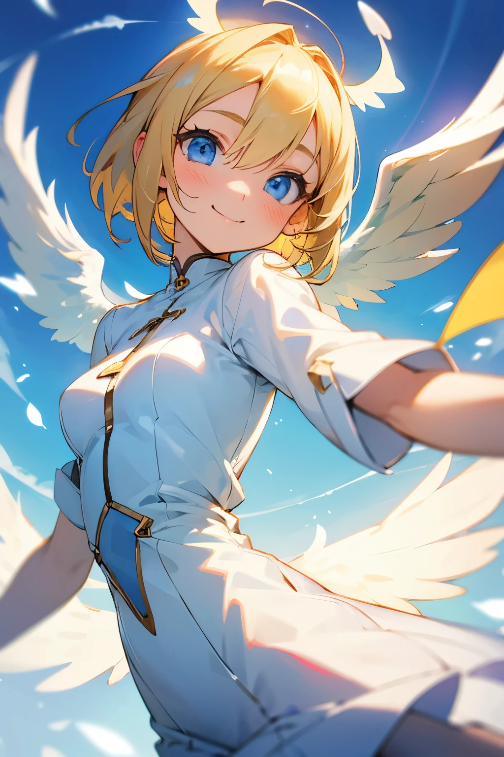 Cute girl, blonde hair, blue eyes, cute smile, white clothes, wings, angel, beautiful slim waist 