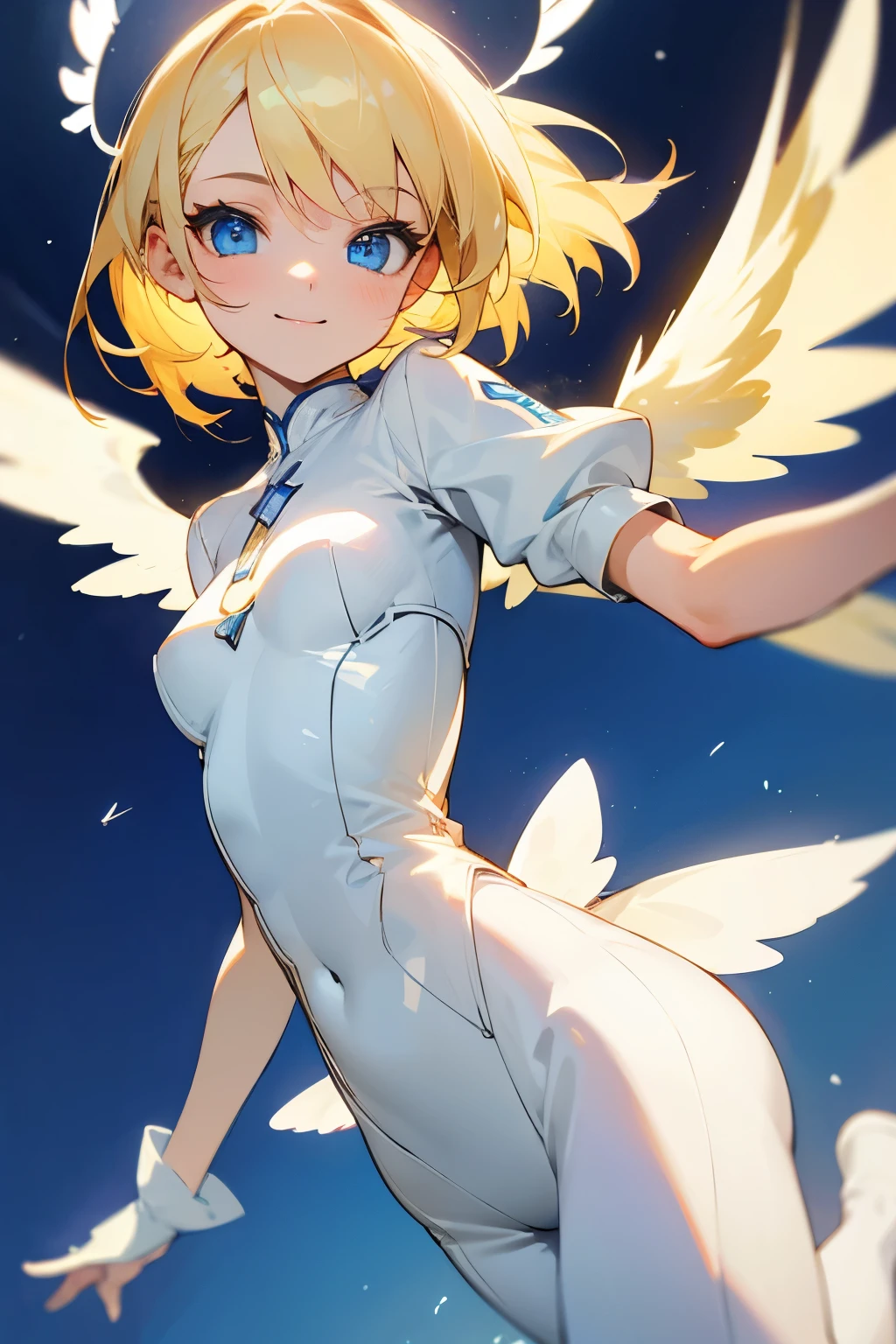 Cute girl, blonde hair, blue eyes, cute smile, white clothes, wings, angel, beautiful slim waist