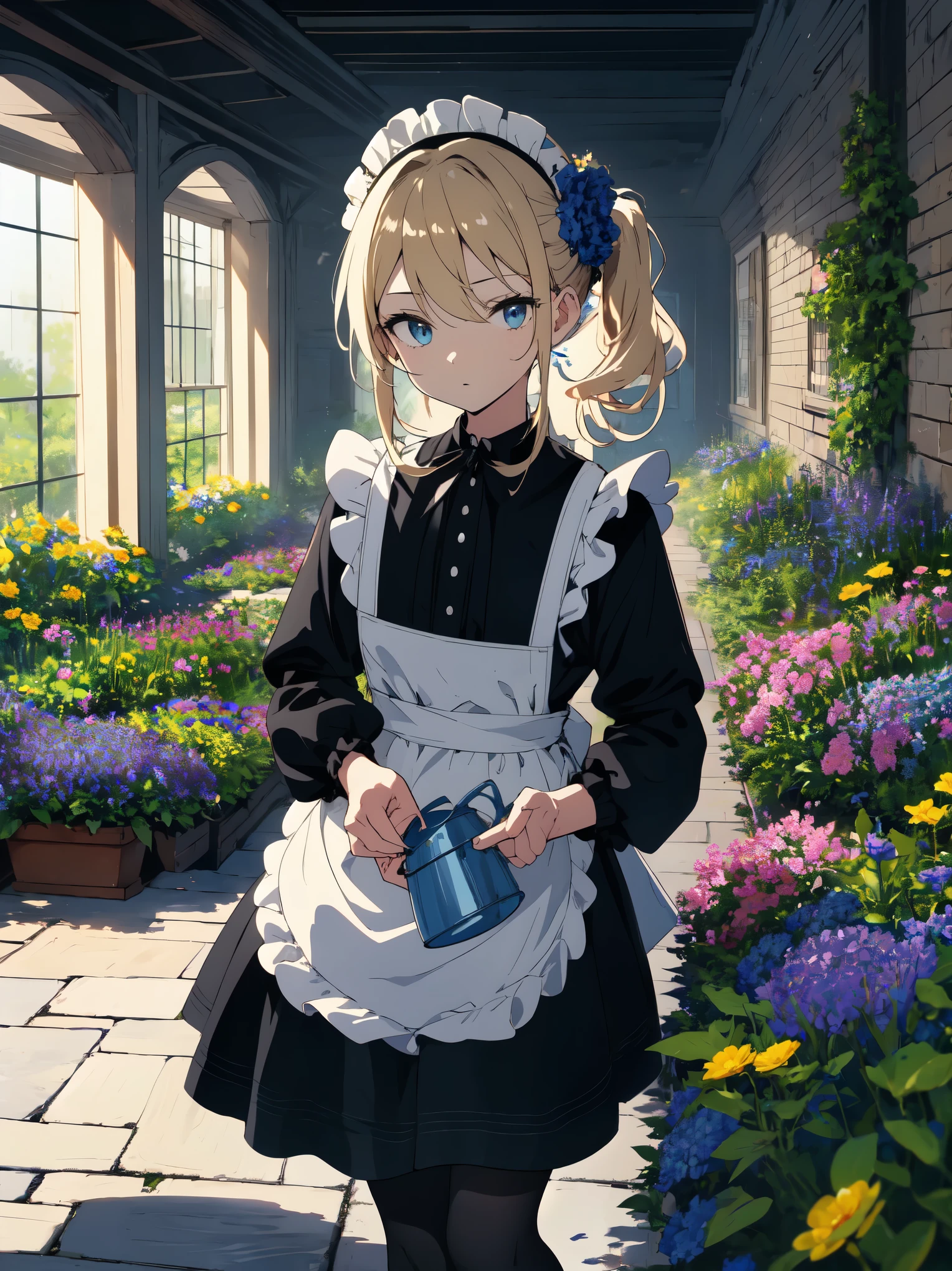 (masterpiece, highest quality, High resolution、be familiar with), (shining eyes)、1 girl,blonde hair, maid, blue eyes, side ponytail, hair scrunchie, hair ornaments, blue scrunchie, maid headdress, apron, (Mansion garden),(I am watering the flowers blooming in the flower bed.)，(I use water from a watering can to water the flowers in the flower bed.),hair between eyes, chest, long sleeve, bangs, white shirt, black dress, side lock, maid apron, black pantyhose,  cowboy shot,indoor、Western-style room、beautiful anime