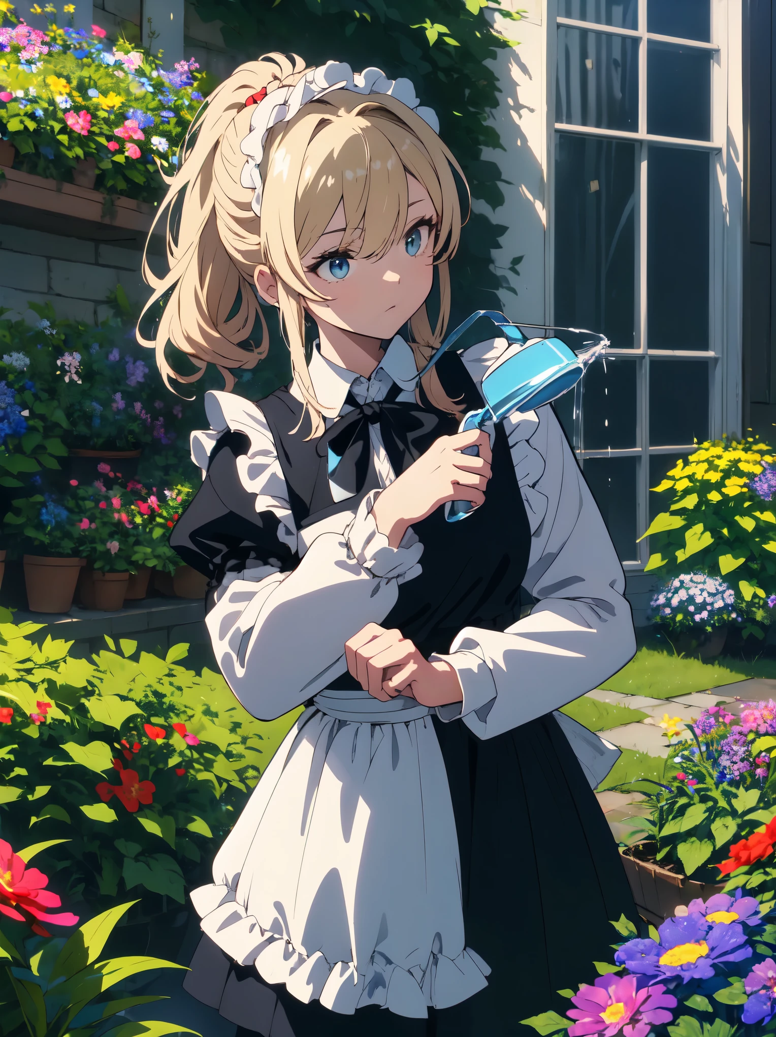 (masterpiece, highest quality, High resolution、be familiar with), (shining eyes)、1 girl,blonde hair, maid, blue eyes, side ponytail, hair scrunchie, hair ornaments, blue scrunchie, maid headdress, apron, (Mansion garden),(I am watering the flowers blooming in the flower bed.)，(I use water from a watering can to water the flowers in the flower bed.),hair between eyes, chest, long sleeve, bangs, white shirt, black dress, side lock, maid apron, black pantyhose,  cowboy shot,indoor、Western-style room、beautiful anime