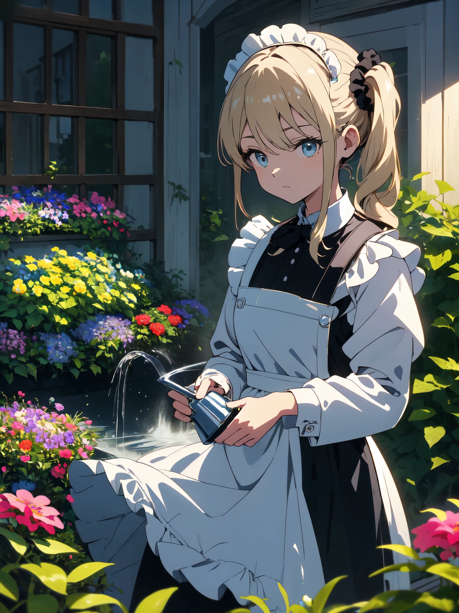 (masterpiece, highest quality, High resolution、be familiar with), (shining eyes)、1 girl,blonde hair, maid, blue eyes, side ponytail, hair scrunchie, hair ornaments, blue scrunchie, maid headdress, apron, (Mansion garden),(I am watering the flowers blooming in the flower bed.)，(I use water from a watering can to water the flowers in the flower bed.),hair between eyes, chest, long sleeve, bangs, white shirt, black dress, side lock, maid apron, black pantyhose,  cowboy shot,indoor、Western-style room、beautiful anime