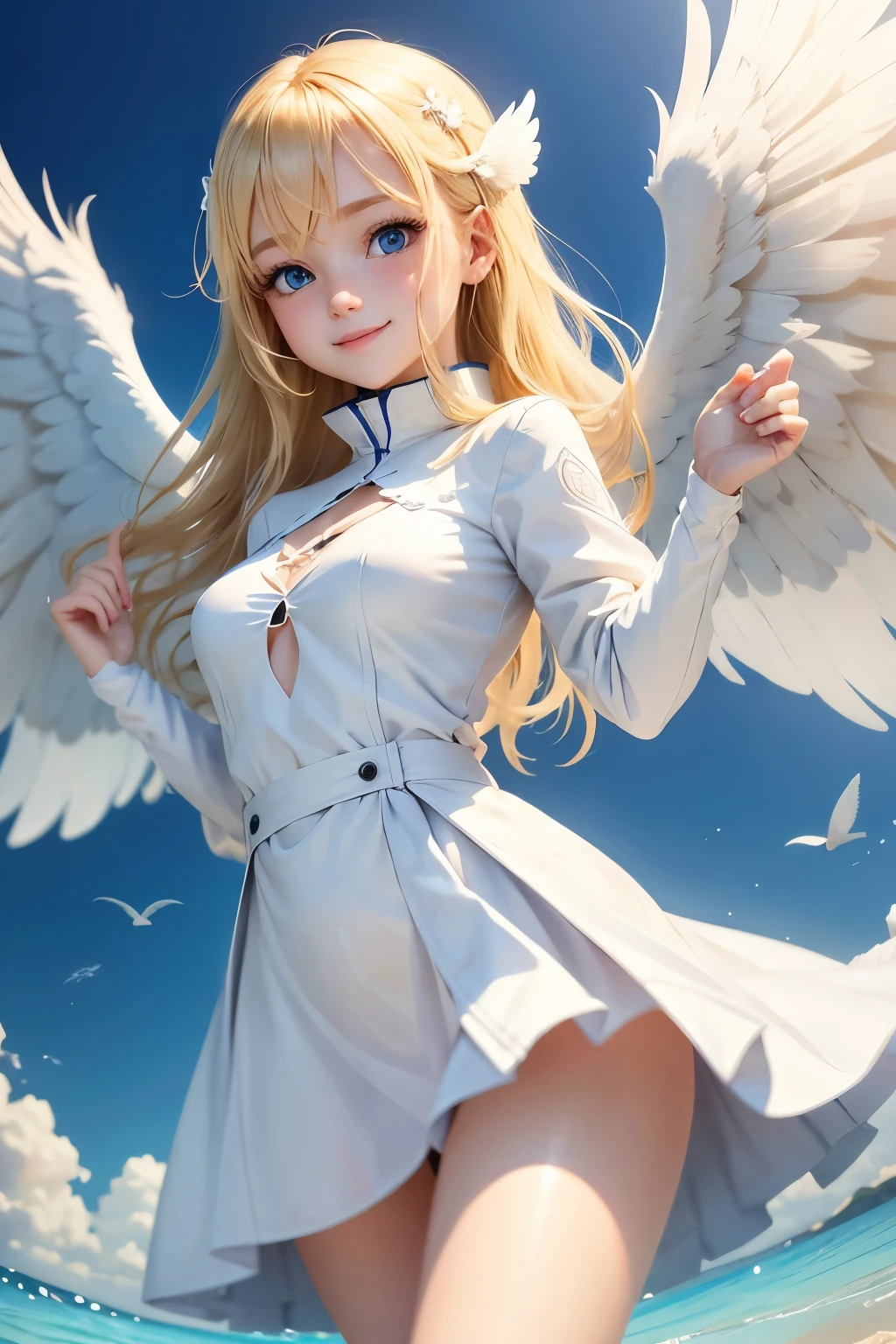 Cute girl, blonde hair, blue eyes, cute smile, white clothes, wings, angel, beautiful slim waist