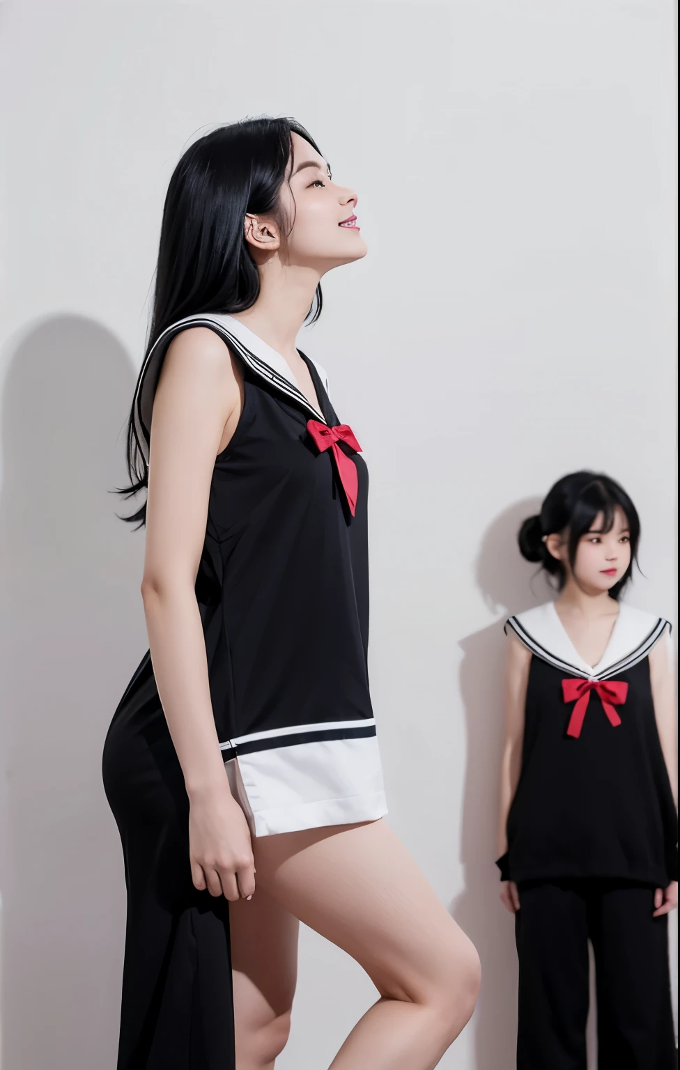 a girl,Look up,look up,坏smilingly,smilingly,side,crazy,black hair color hair,Double tail,cute big breasts,Sailor suit,simple background,seven clones,standing pictures,flat drawing,masterpiece,high quality