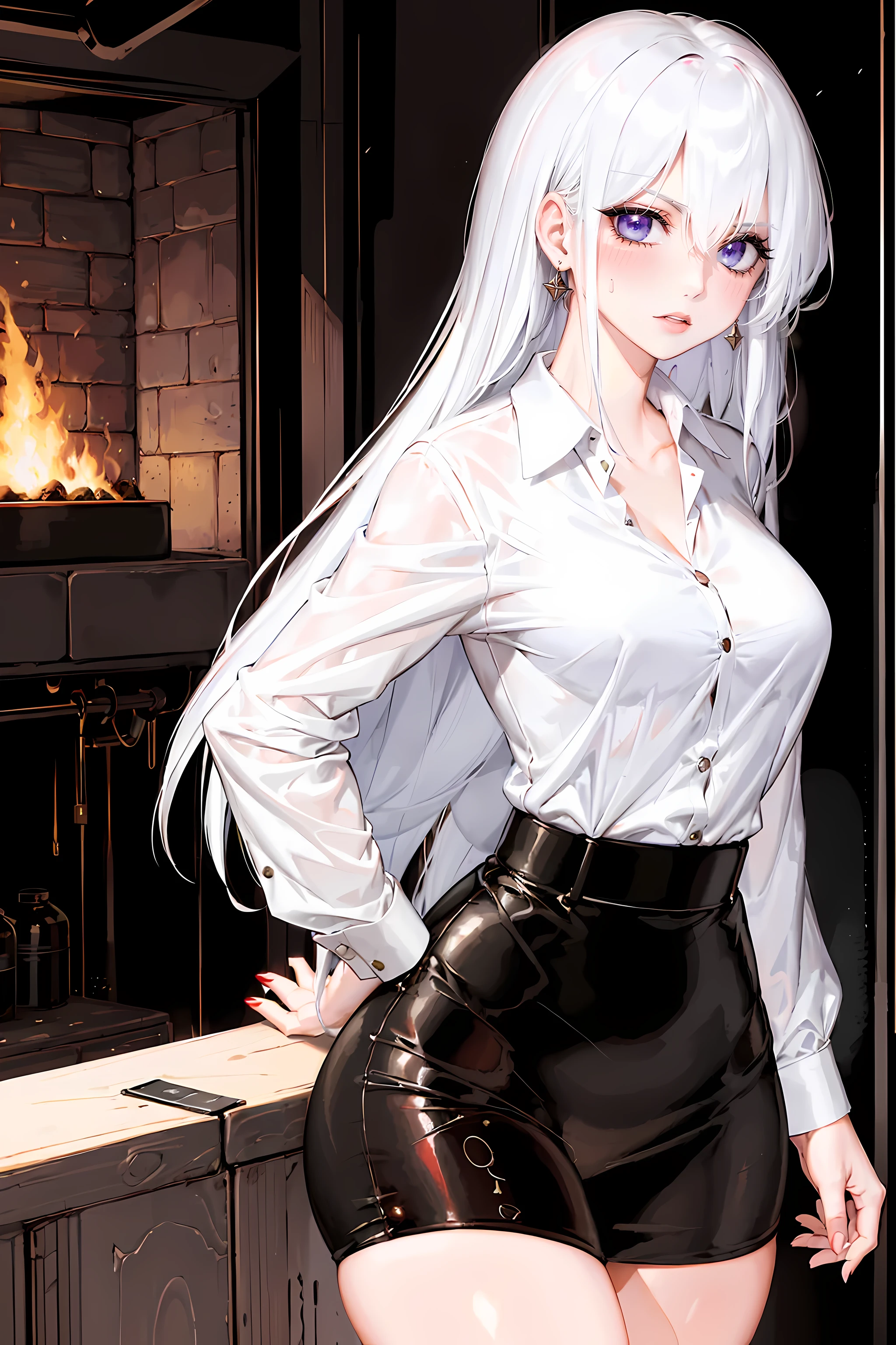 (best quality,highres)(business jacket:1.4),(a girl:1.5),elegant photo of a girl in a suit jacket, red lips, lipstick, (perfect eyes:1.4), (white shirt:1.5), silver hair, purple eyes, joyful, highly detailed skin, long eyelashes, black eyeliner, masterpiece, black belt:1.2, white shirt, teardrop earrings, business attire:1.2), full body