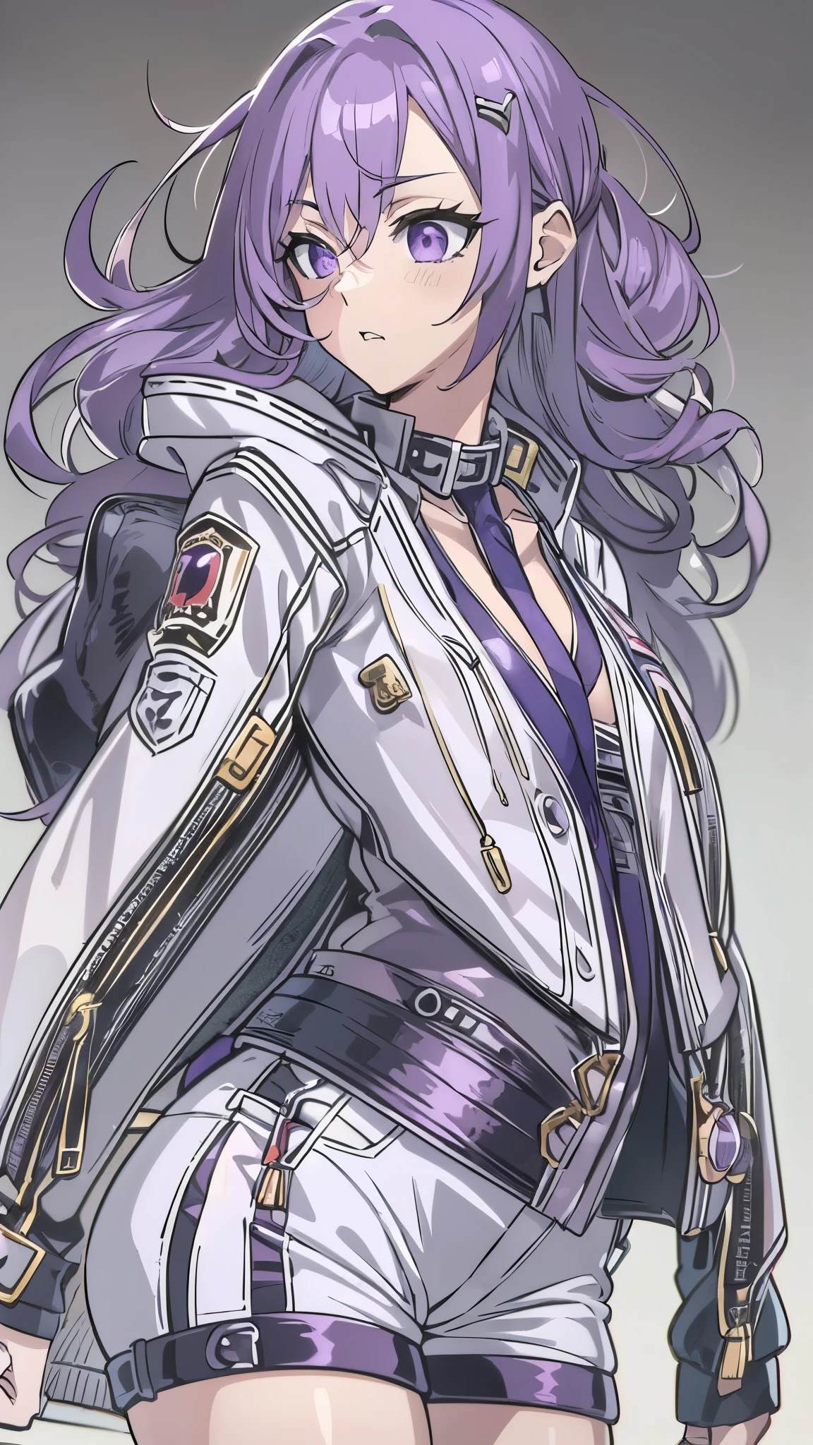 ((8K resolution))、((highest quality))、((masterpiece))、((Super detailed))((((dramatic))), (anatomically correct)、anime style、one person、one personの女性、eight-headed body、(hair above left eye, purple eyes), ((white jacket, Purple pattern)), leather shorts, (White stripes), purple hair