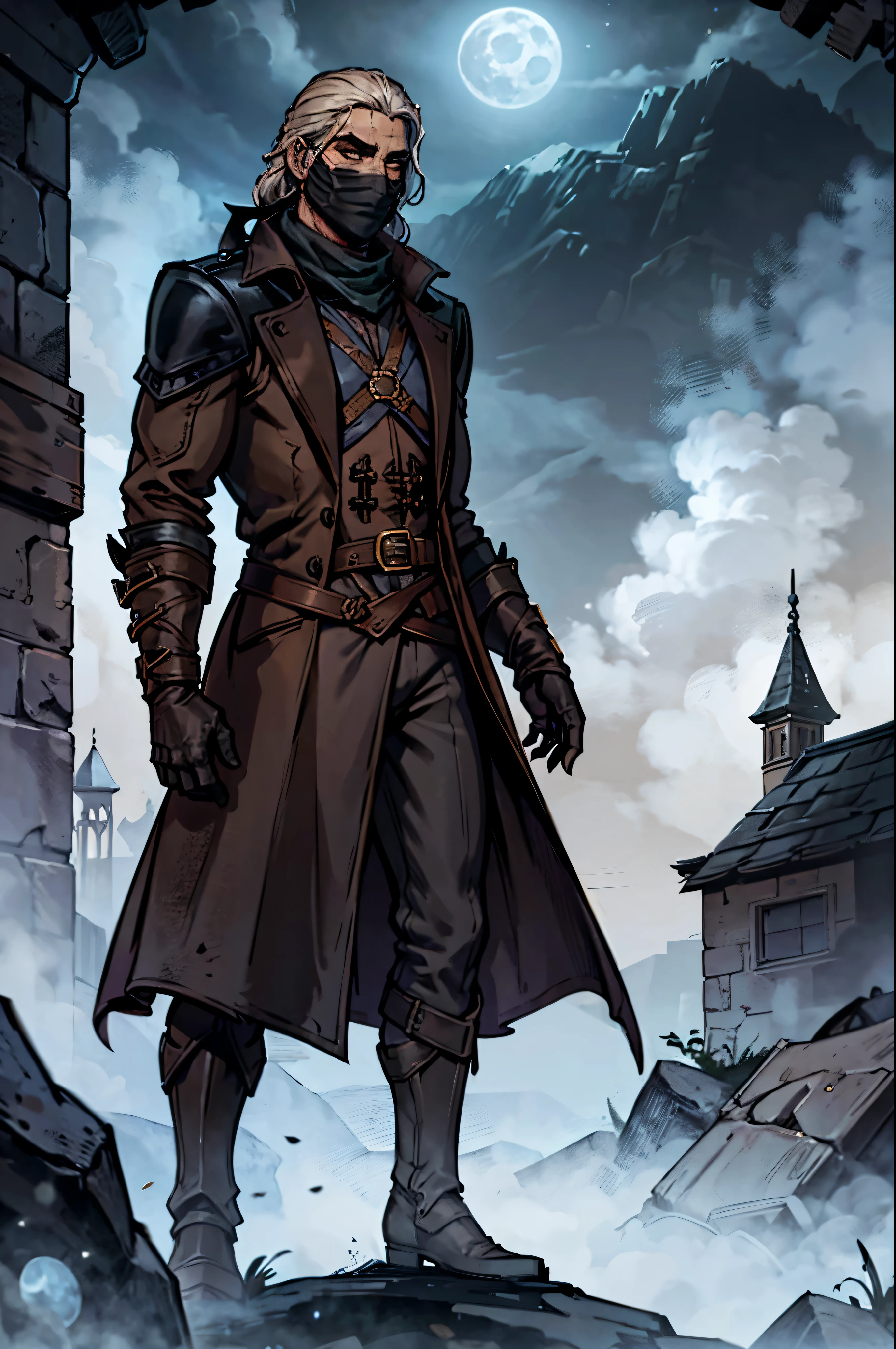 fantasy，mystery，dark night background，full moon，male，black mask on face，wizard，Brown trench coat，Dark brown gloves