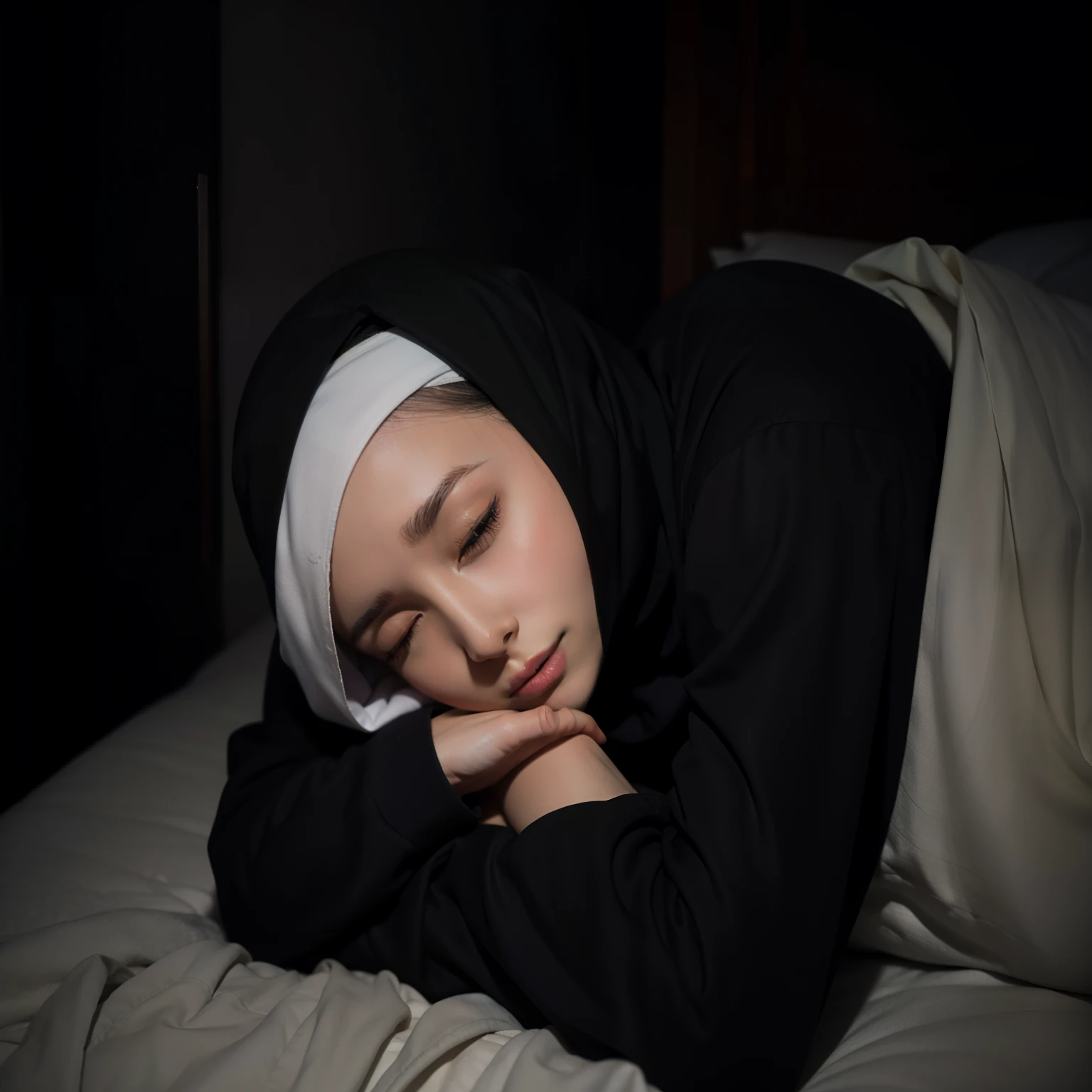 arafed woman sleeping on a bed with a headband on, portrait of a woman sleeping, shot with canon eoa 6 d mark ii, portrait shot, taken with canon 5d mk4, at night, laying on a bed, at night time, night time, resting, taken with canon eos 5 d mark iv, beautiful burqa's woman