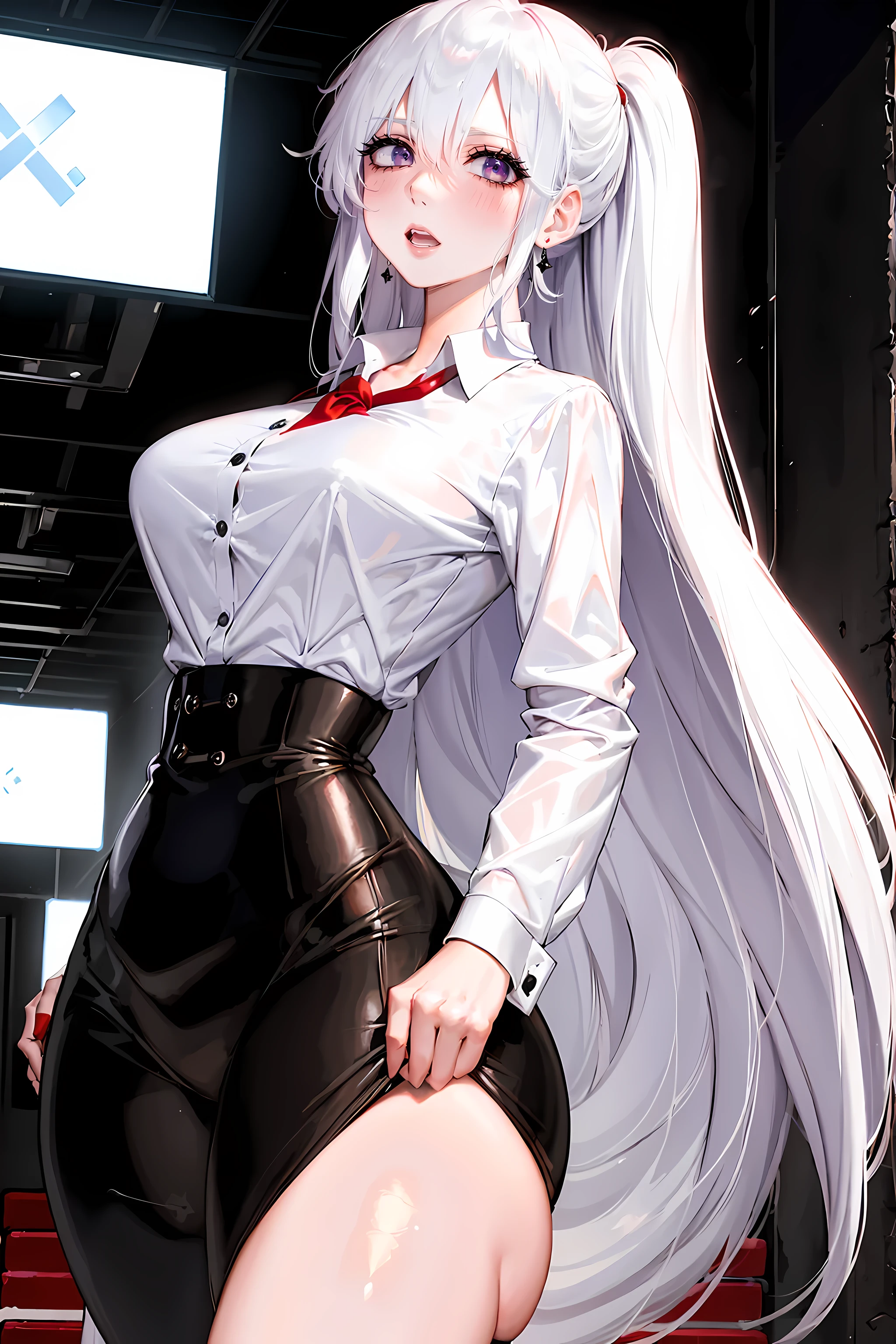 (best quality,highres)(business jacket:1.4),(a girl:1.5),elegant photo of a girl in a suit jacket, red lips, lipstick, (perfect eyes:1.4), (white shirt:1.5), silver hair, purple eyes, joyful, highly detailed skin, long eyelashes, black eyeliner, masterpiece, black belt:1.2, white shirt, teardrop earrings, business attire:1.2), full body