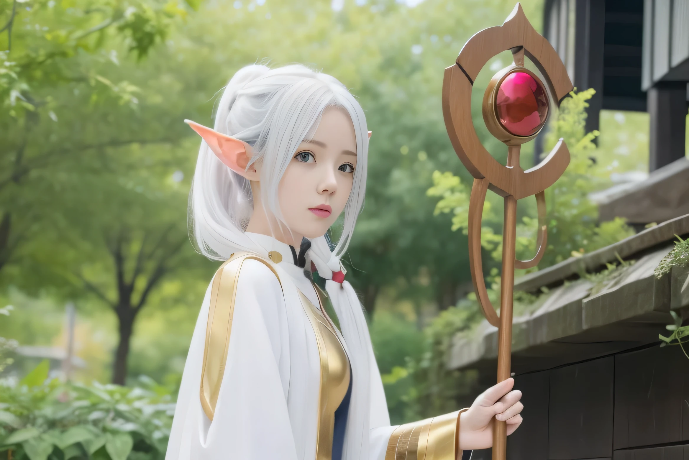 anime character with a staff and a red eye standing in front of a building, white haired deity, today's featured anime still, popular isekai anime, ayaka genshin impact, pretty female cleric, anime visual of a cute girl, she has elf ears and gold eyes, sao style anime, anime visual of a young woman, in the anime film