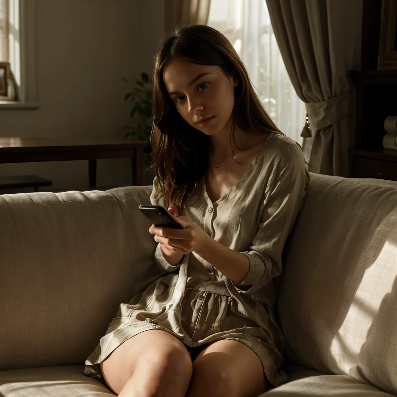 woman in bedroom,beautiful,Bewitching,mysterious,tired,long hair,scrolling your smartphone,The woman is booring,looking focus on smart phone, wearing night dress