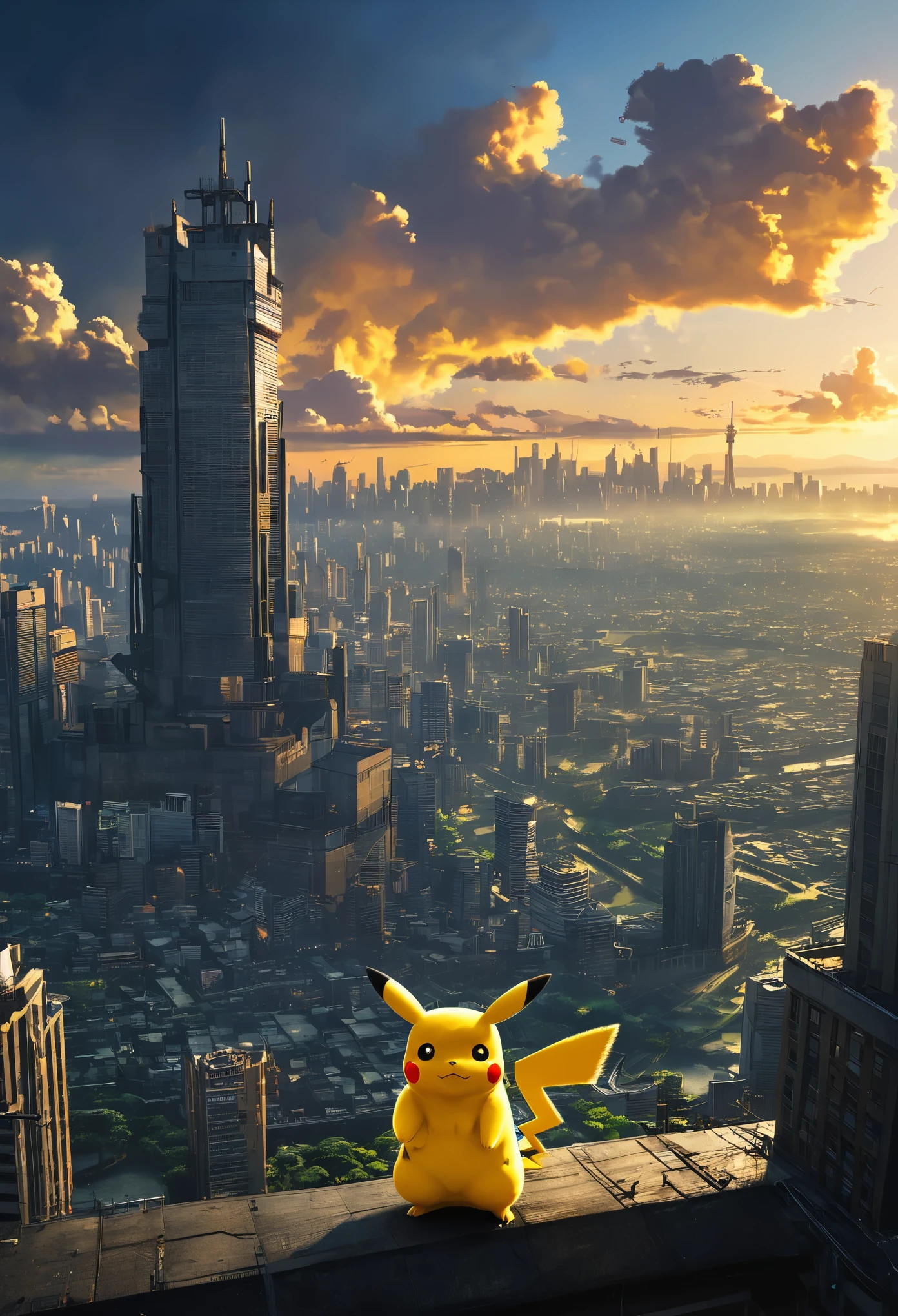 (best quality, masterpiece:1.2), a giant pikachu looming in the horizon, beyond the city skyline, massive, impending doom, ominous, elaborate details, perfect illustration
