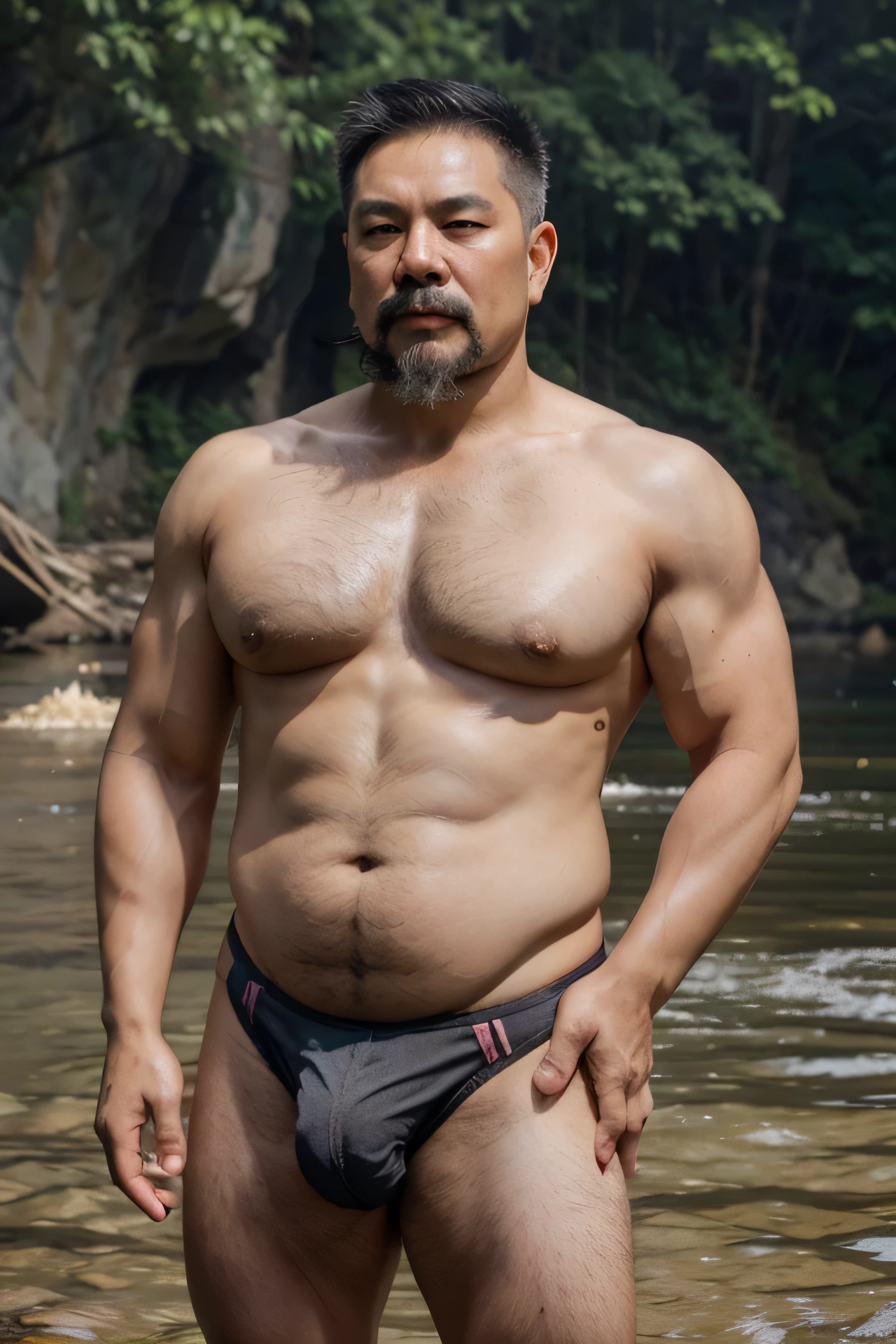 A Vietnamese dad with gray hair is fucking a boy, mature face, a thick mustache, a short chin beard, bear body, wearing big bulging jockstrap standing at river, have belly, big muscular chest, have very big bulge.