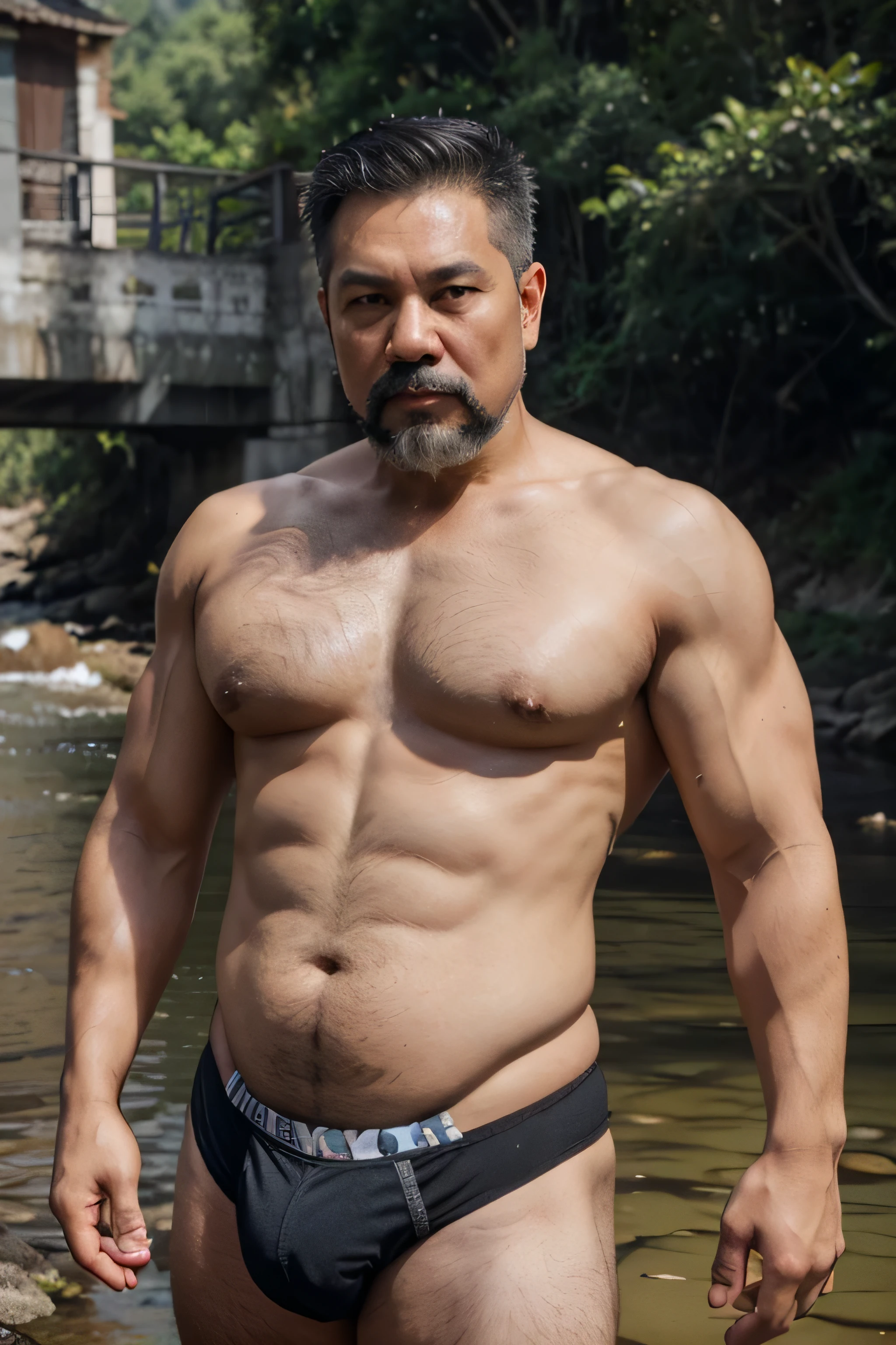 A Vietnamese dad with gray hair is fucking a boy, mature face, a thick mustache, a short chin beard, bear body, wearing big bulging jockstrap standing at river, have belly, big muscular chest, have very big bulge.