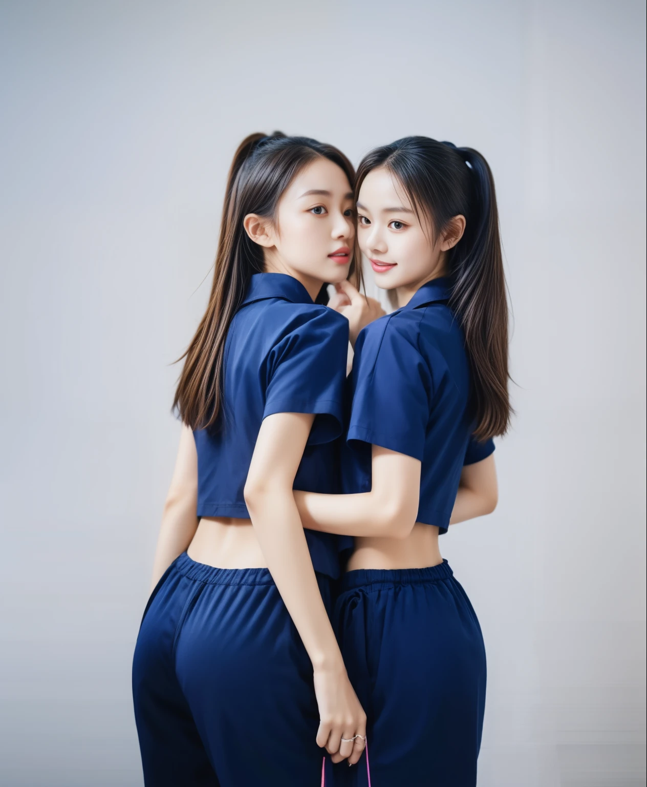 (best quality,10,10,height,Masterpiece:1.2),Special details,(realistic,ภาพrealistic,Realistic photos:1.37),1 Cute girl in the kitchen,shiny, ผิวshiny,only,smile softly,BDclothelue shirt:1.3)),short sleeve,shirt, กางเกงขาlong.,(navy_long_track pants:1.1), ((Kitchen Background)),Dynamic angle,excited,Face focus,dynamic poses,from behind,focus on ass,Masterpiece, best quality, ultra realistic, hyper detail, 8k resolution, raw photos, Sharp focus, ((Navy blue shirt:1.1)), short sleeve, เส้นทางlong, perfect body, 2 mature women, 18 years old, Cinema-grade lighting system,blue sweatpants,shirtผ้าออกกำลังกาย,correct anatomy,perfect body, correct body, Sharp face, correct bodyทางกายวิภาค, full body, realistic gestures, long-haired, realistic poses,Wear long shorts...........................,ช่วงขาlong,Good shape,carved girl, Slender figure, model, Good shape, beautiful body,blue sweatpants, two girls kissing