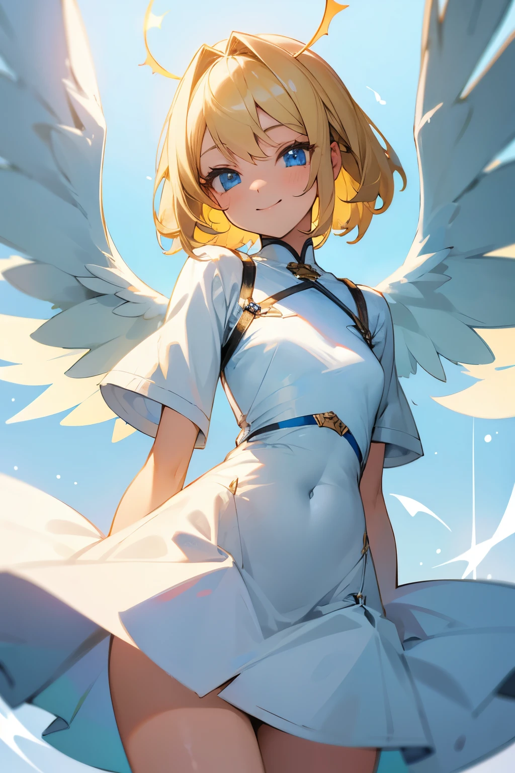 Cute girl, blonde hair, blue eyes, cute smile, white clothes, wings, angel, beautiful slim waist