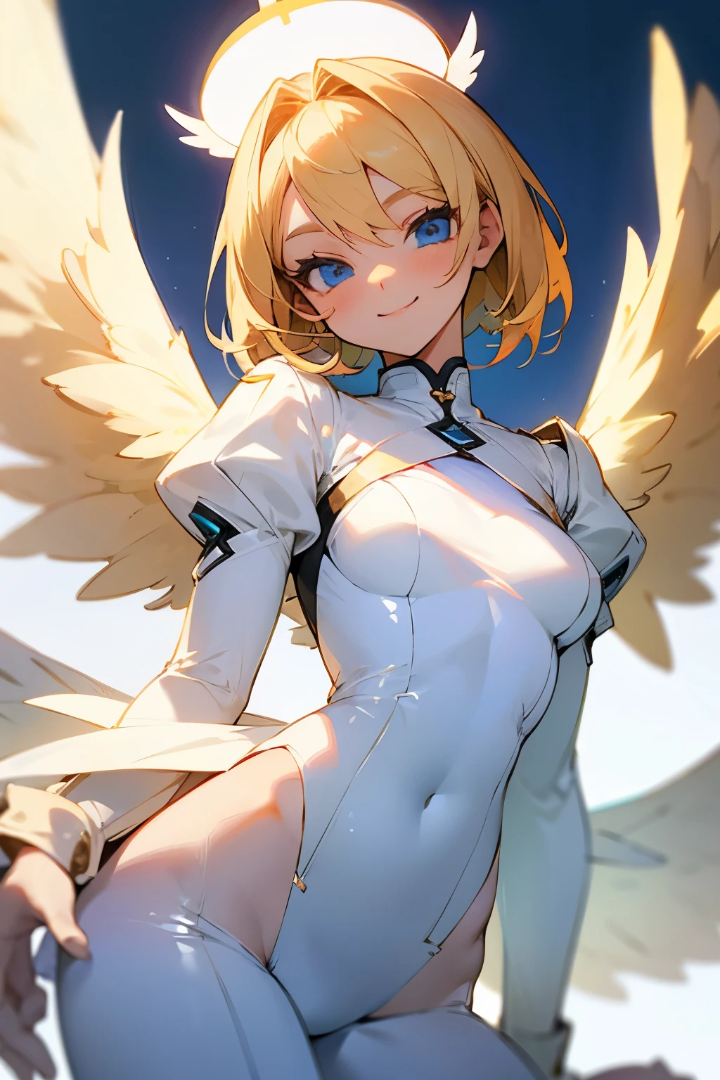 Cute girl, blonde hair, blue eyes, cute smile, white clothes, wings, angel, beautiful slim waist
