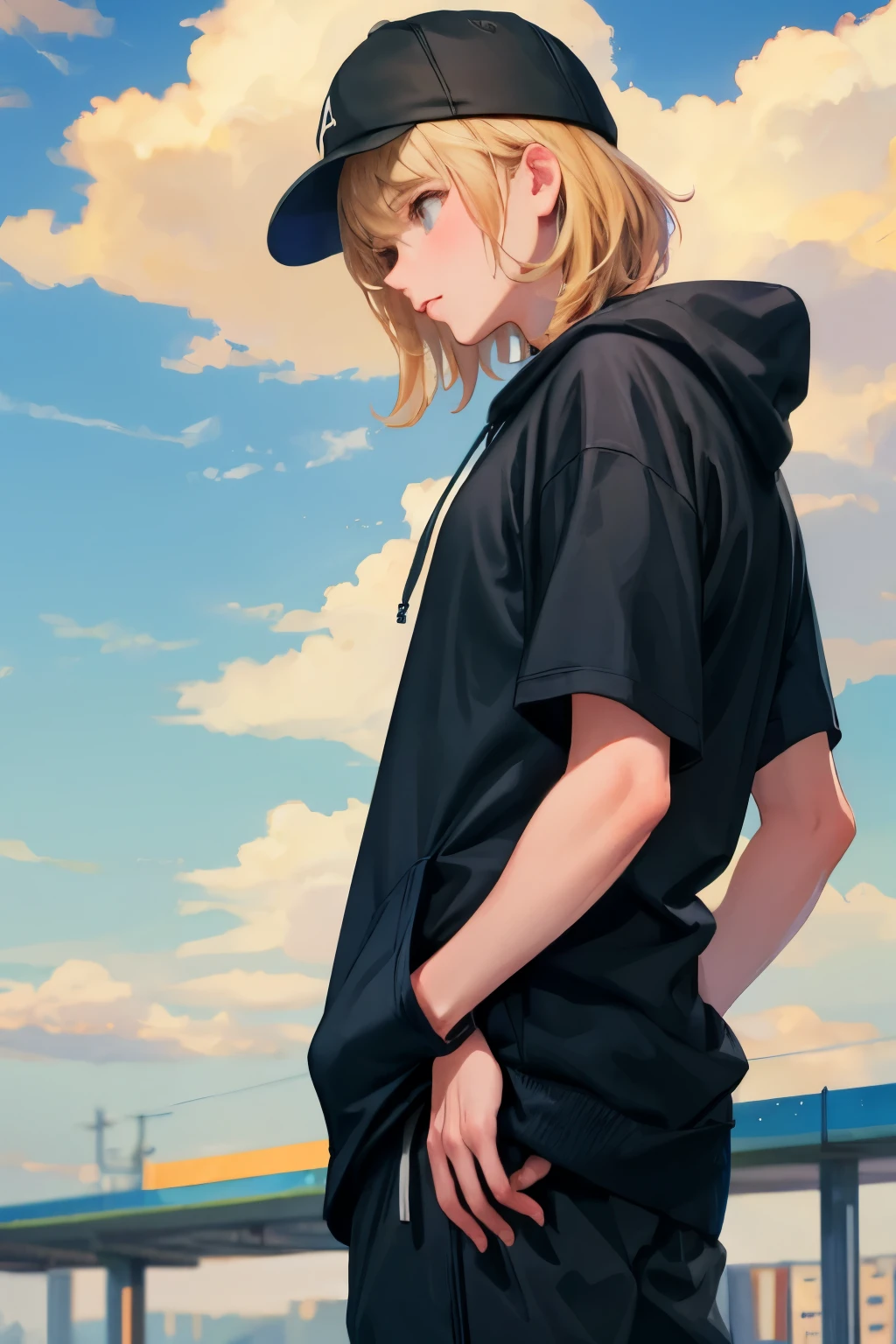 ((best quality)), man wearing black hoodie and black cap looking down