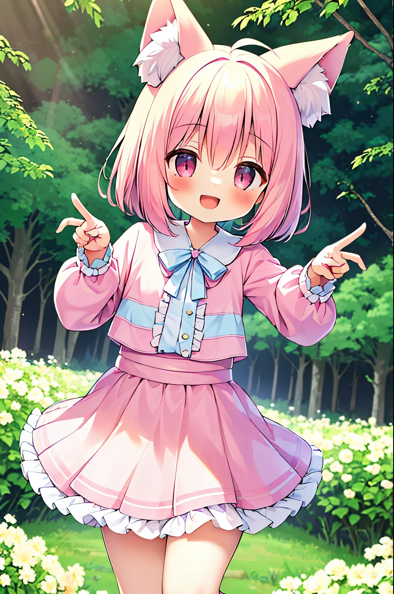 (((masterpiece))), (high quality:1.5))), (beautiful:1.5), (((8k))), (High resolution:1.5), (1 girl:1.5), (pink short hair:1.5), (thin:1.2), (Pink fox tail:1.5), (Pink fox tail:1.4), (pink fox ears and white tips), (pink eyes), (Super cute light blue ruffle pleated skirt:1.3), (Very cute light blue blouse with frills:1.4), (long sleeve:1.1), (in the forest:1.3), (in the flower field:1.4), (Laughing 1.4), (dynamic pose:1.4)