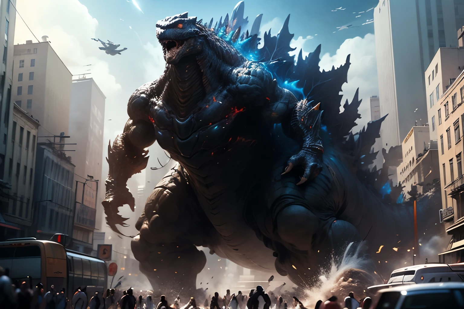 (best quality,masterpiece,highres,detailed), Godzilla, Fighting giant monsters, in the city,