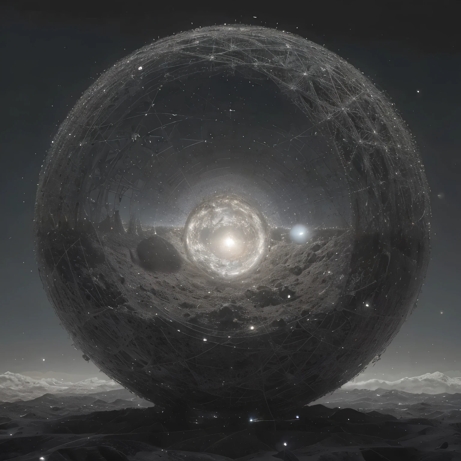 This image is a world seen from an atomic or subatomic perspective on silver scale.. , I would like the same image that represents the same idea but creating more planets. , creando un sistema solar bajo la misma idea y forma y estructura de la imagen. Which highlights its atomic structure. .