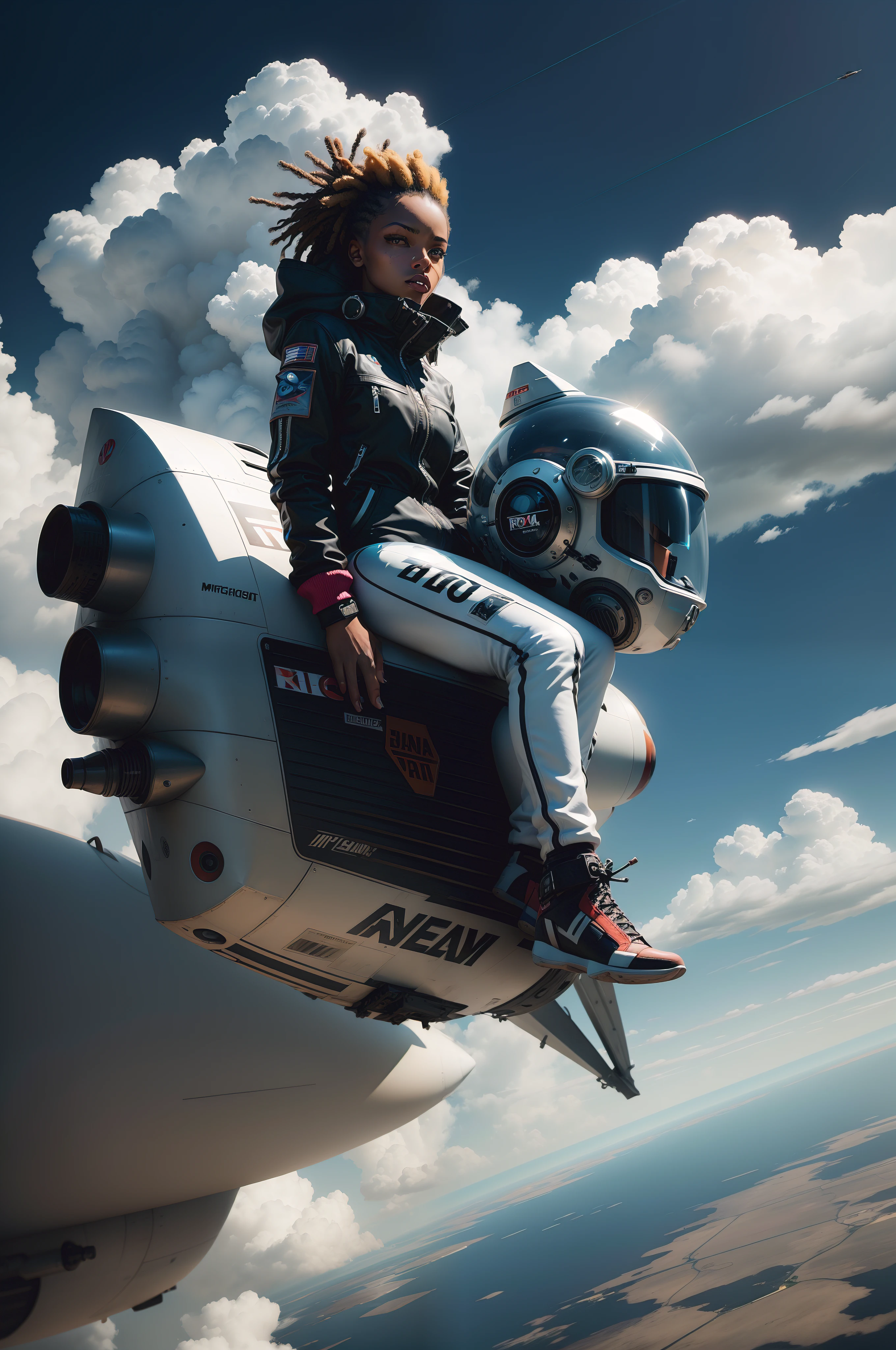 rocket sci fi female fashion model in style of Jean-Michel Basquiat flying in the clouds